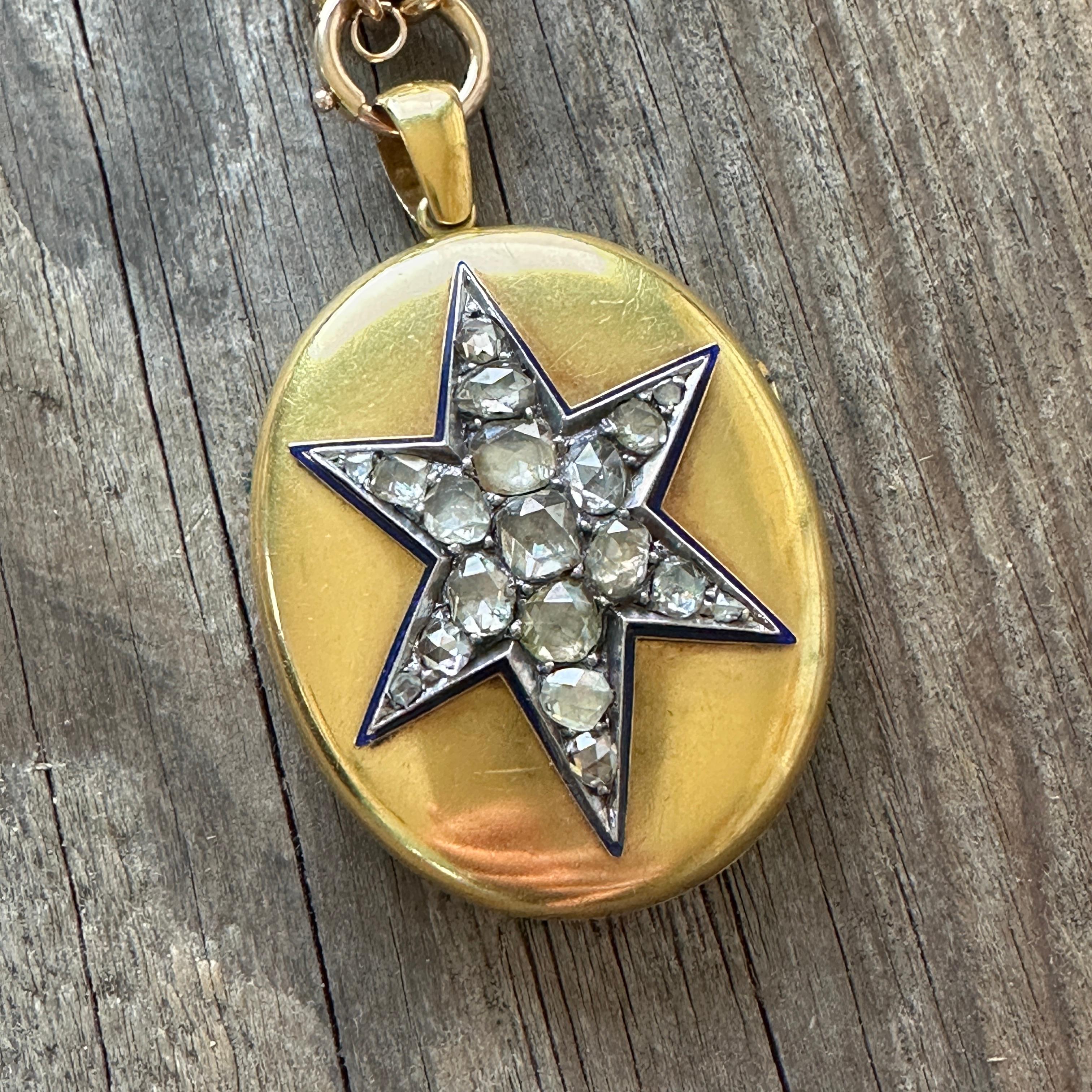 Women's Victorian 18k Gold 2.15ct Diamond Star Enamel Locket Pendant For Sale