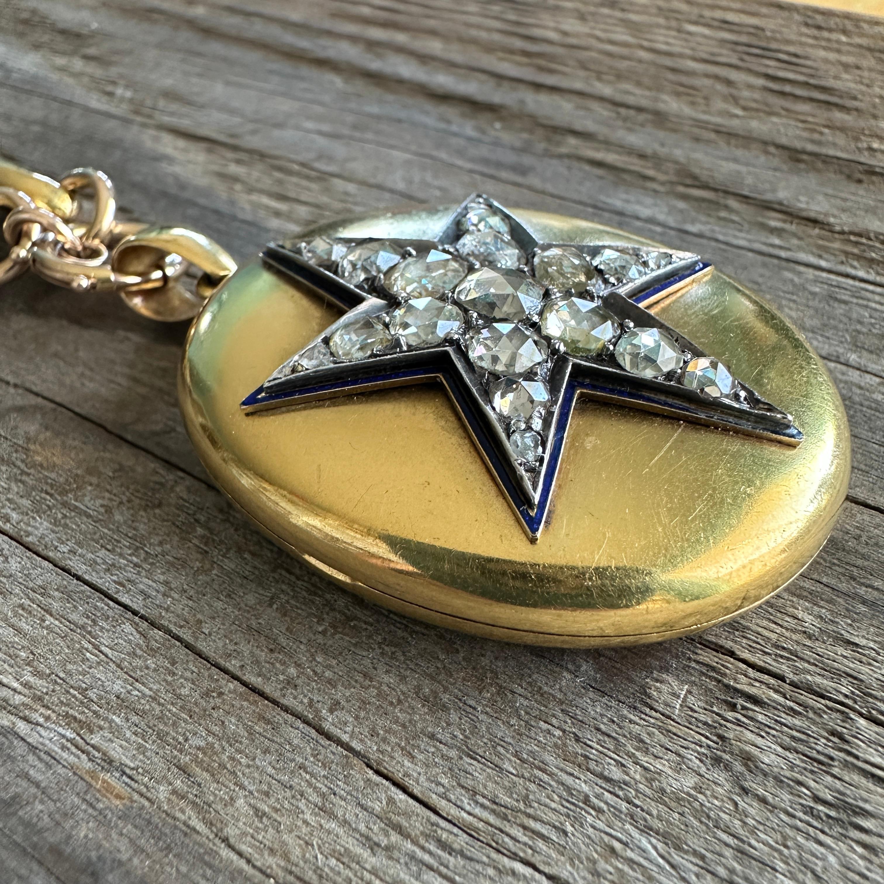 Victorian 18k Gold 2.15ct Diamond Star Enamel Locket Pendant For Sale 1