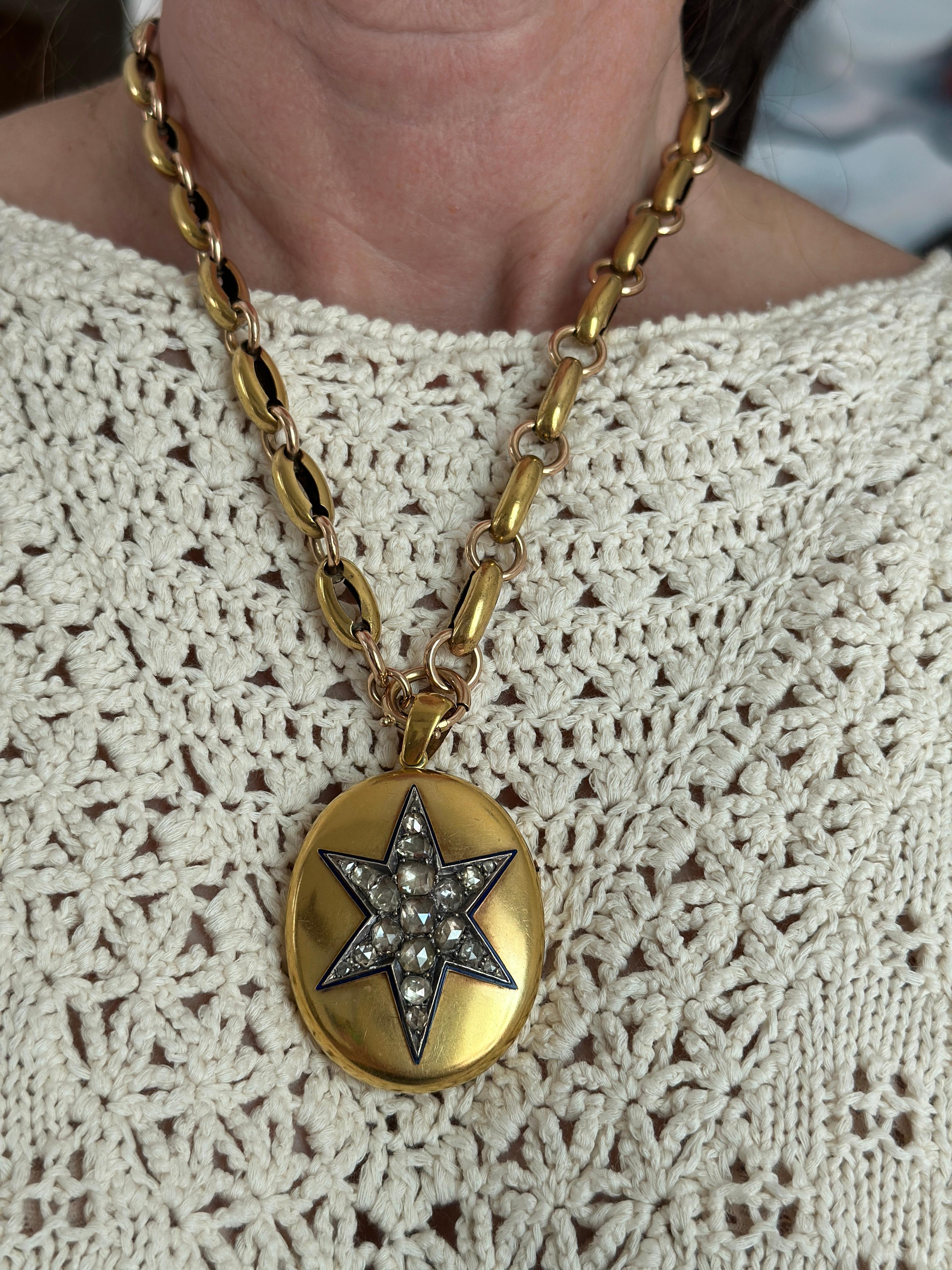 Victorian 18k Gold 2.15ct Diamond Star Enamel Locket Pendant For Sale 2