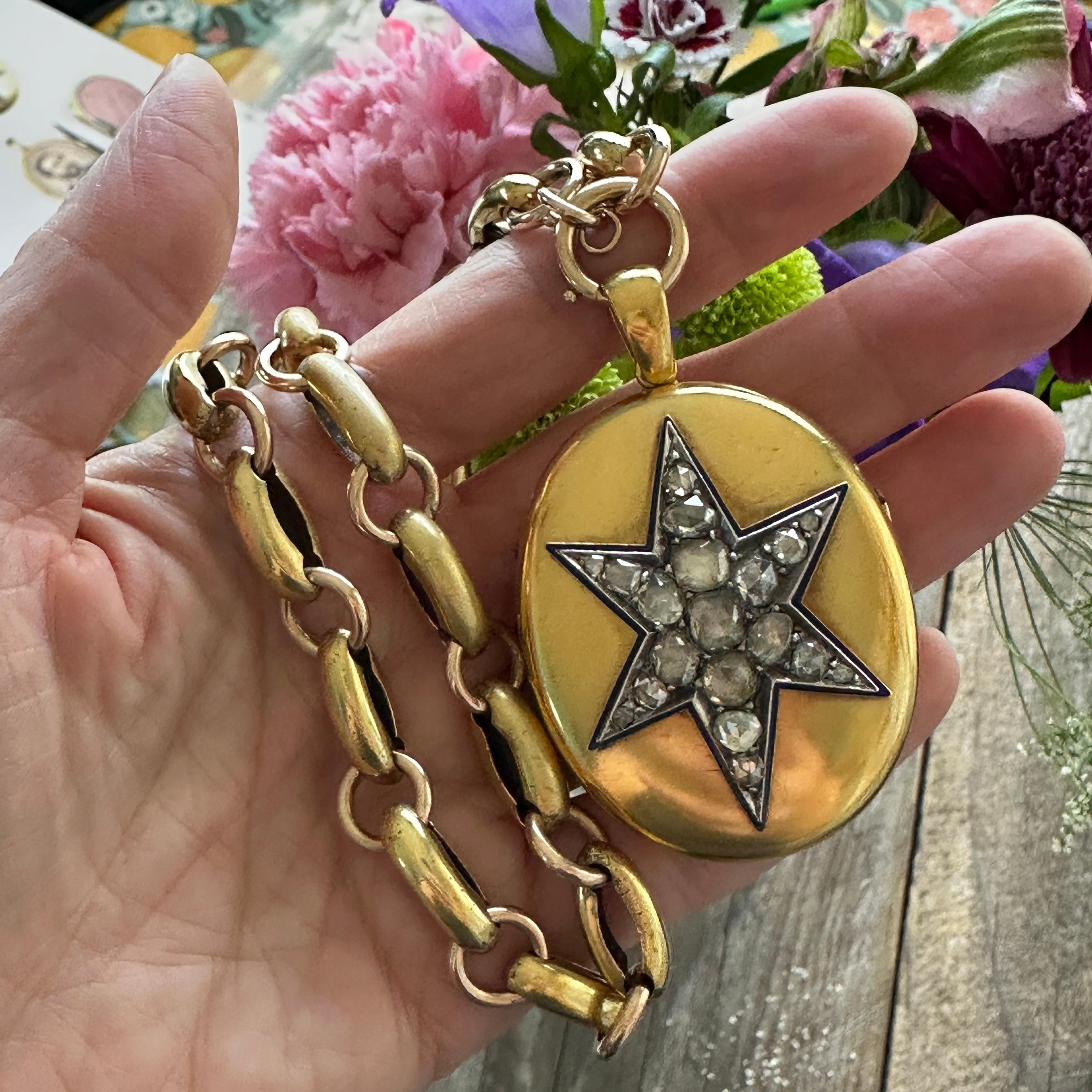Victorian 18k Gold 2.15ct Diamond Star Enamel Locket Pendant For Sale 3