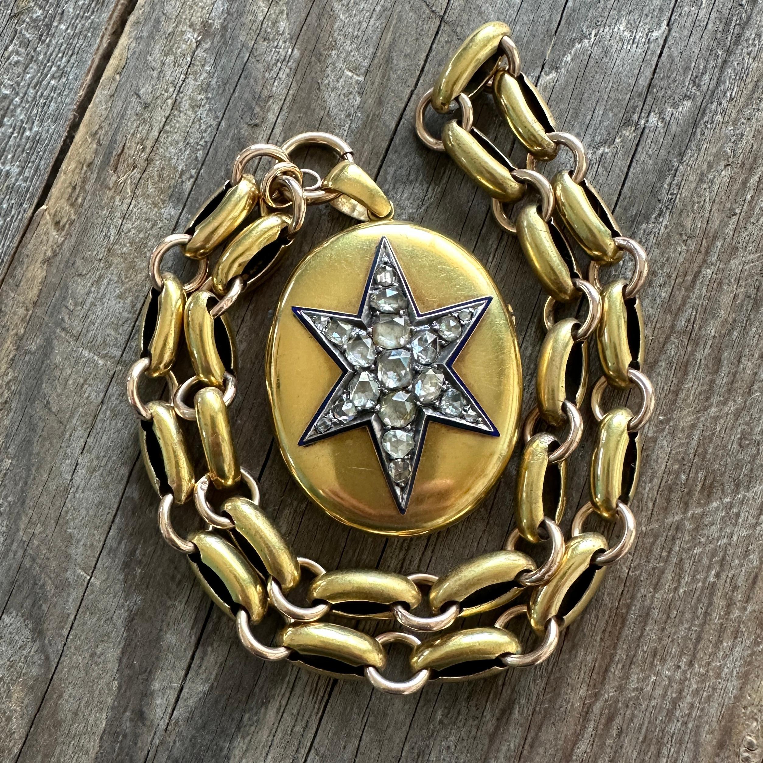 Victorian 18k Gold 2.15ct Diamond Star Enamel Locket Pendant For Sale 4