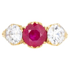 Victorian 18K Gold 2.21 Carat Burma Ruby Old European Diamond Three Stone Ring
