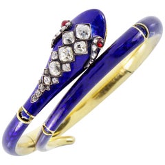 Victorian 18K Gold and 3 Carat Old Mine Cut Diamond Blue Enamel Snake Bangle