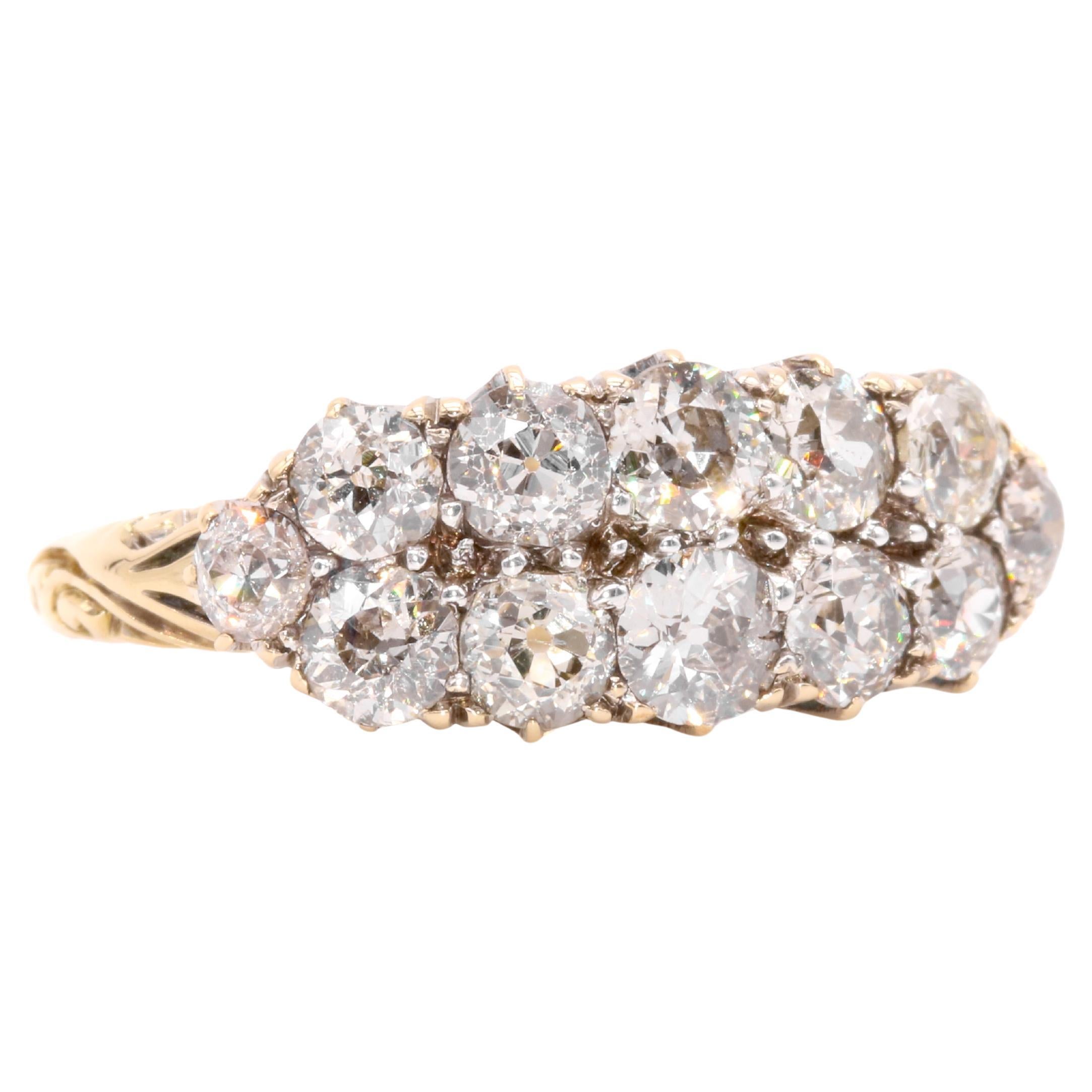 Anello vittoriano in oro e argento 18 carati con diamante vecchio taglio europeo da 2,15 carati a doppia fila