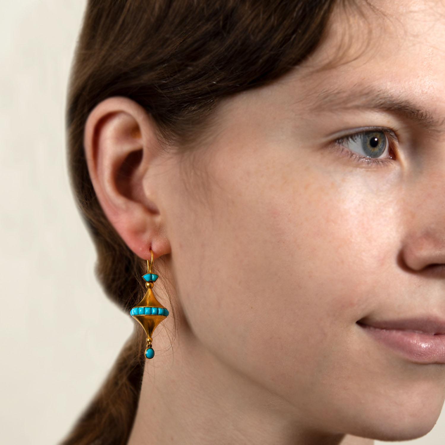 Women's or Men's Victorian 18k Gold and Turquoise Earrings For Sale