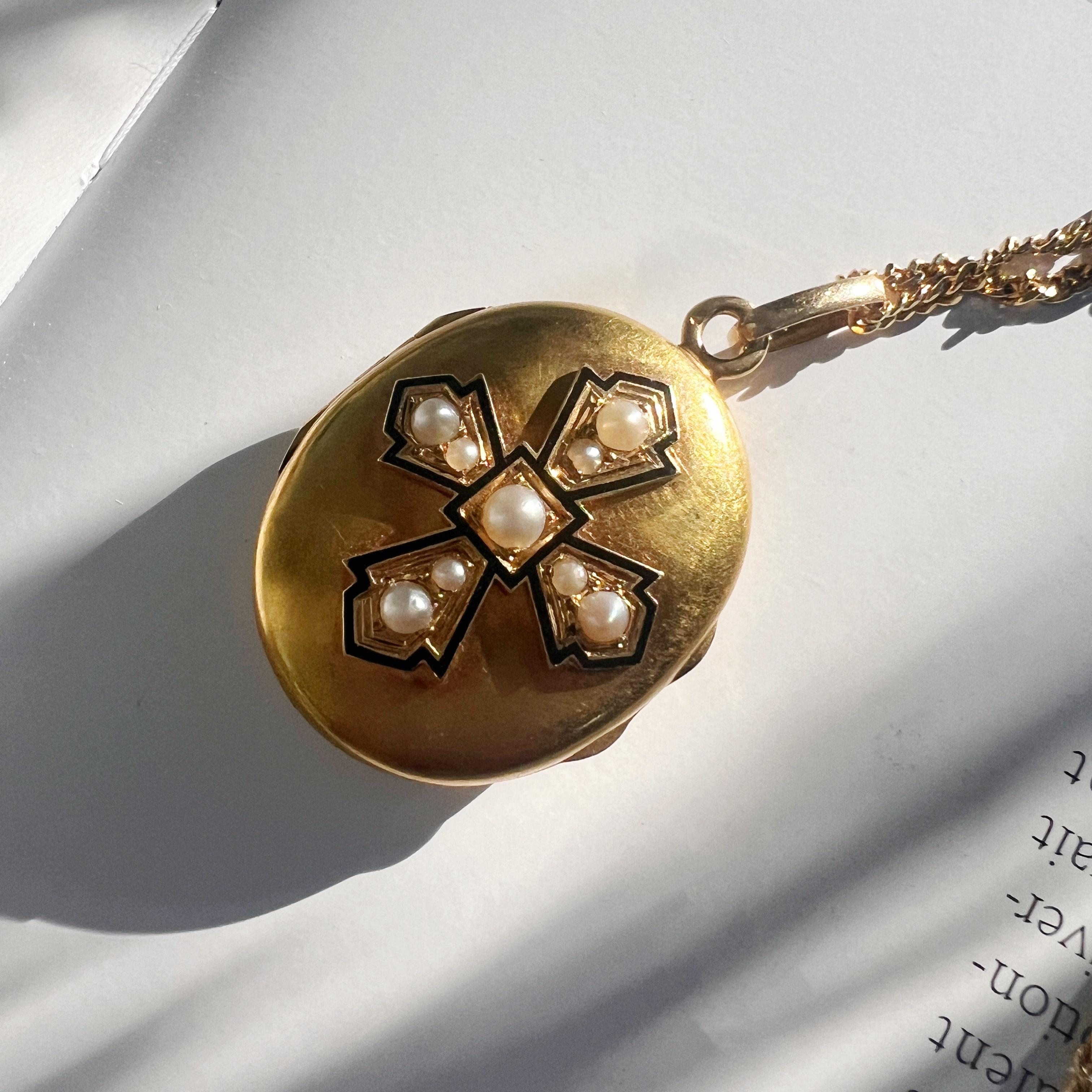 Victorian 18K gold black enamel pearl locket pendant For Sale 4