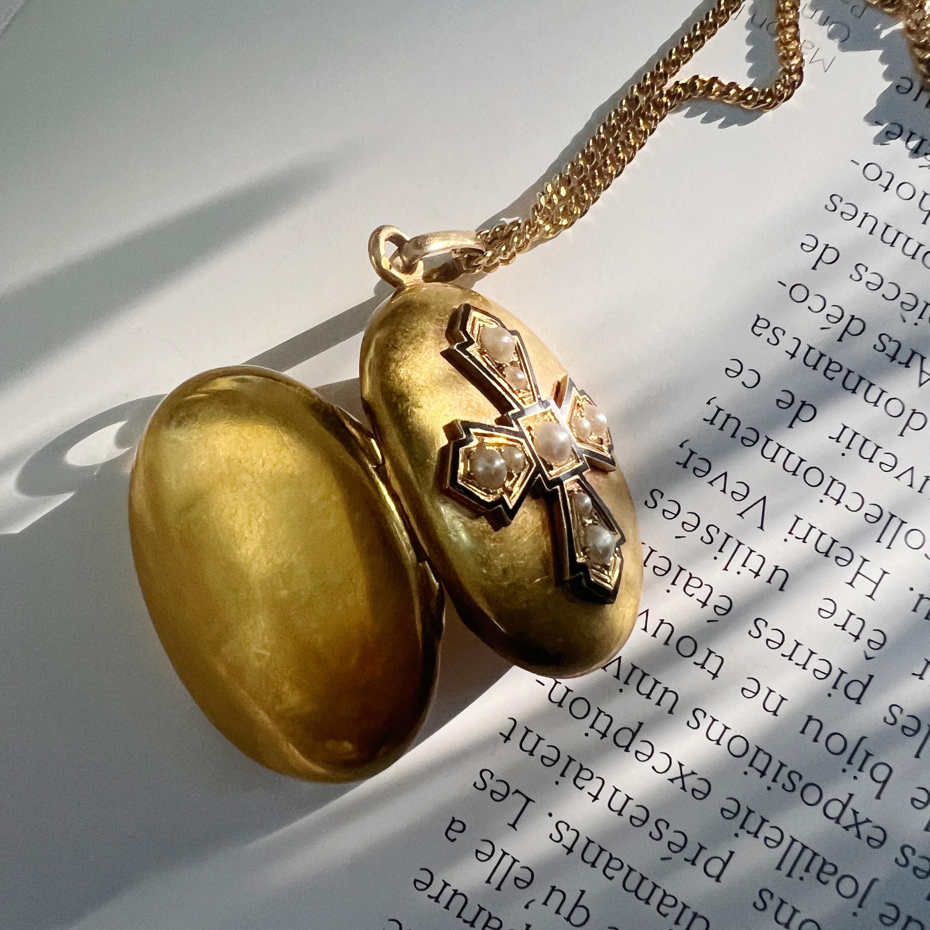 High Victorian Victorian 18K gold black enamel pearl locket pendant