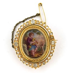 Victorian 18k Gold Brooch with Porcelain Portrait & 1.00ct Diamonds