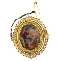Victorian 18k Gold Brooch with Porcelain Portrait & 1.00ct Diamonds
