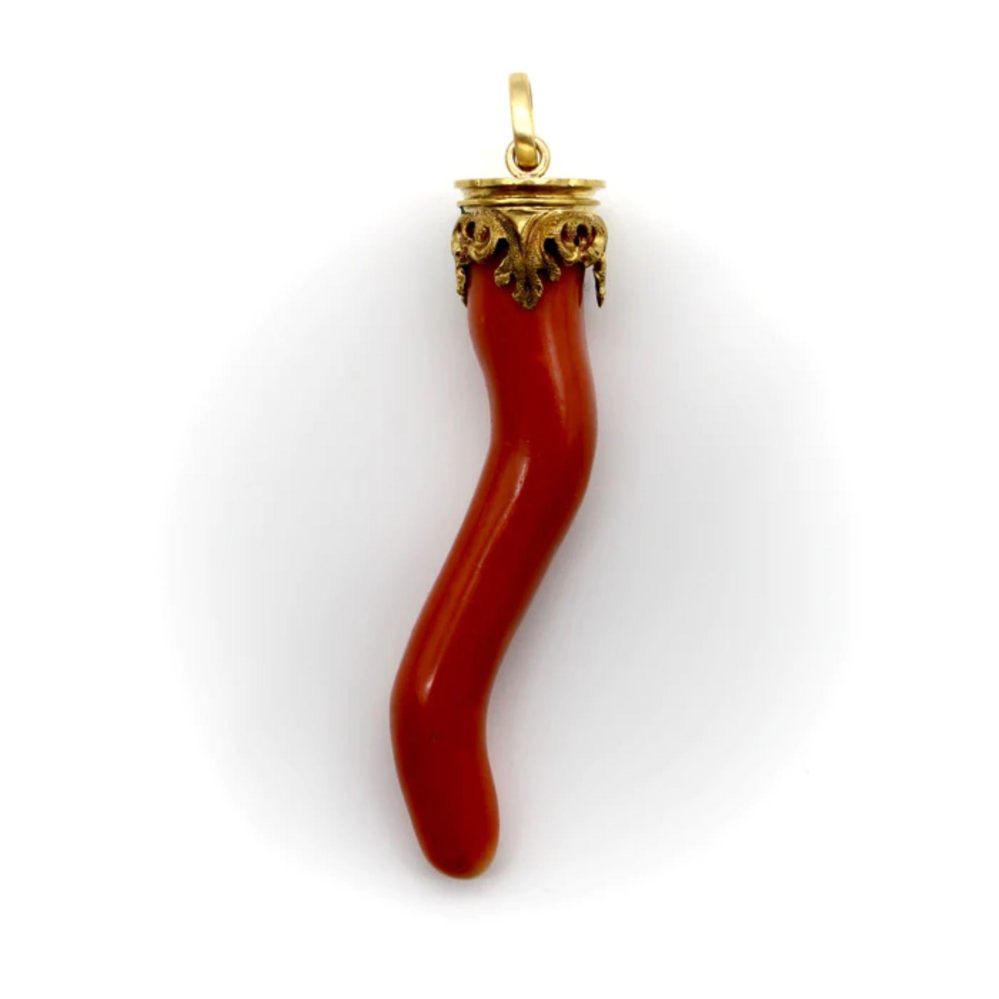 Uncut Victorian 18K Gold Capped Large Coral Large Cornicello Pendant For Sale