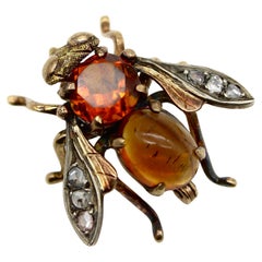 Victorian 18K Gold Citrine Diamond and Amber Bee Pin
