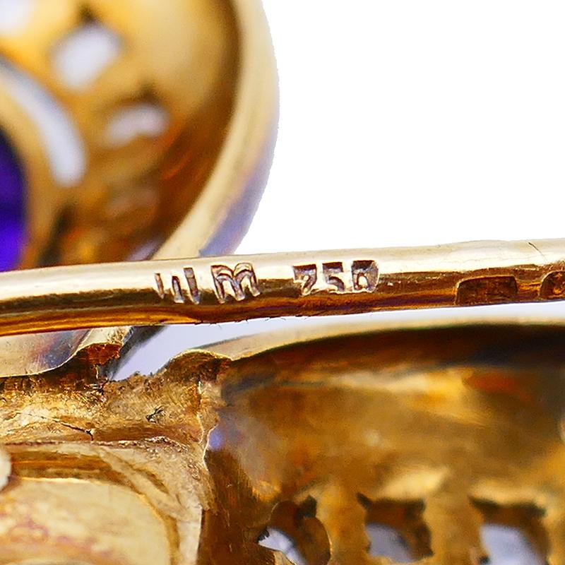 Pear Cut Victorian 18k Gold Clover Clip Pin Brooch Amethyst Diamond Enamel Signed WM
