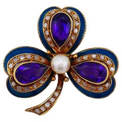 Victorian 18k Gold Clover Clip Pin Brooch Amethyst Diamond Enamel Signed WM