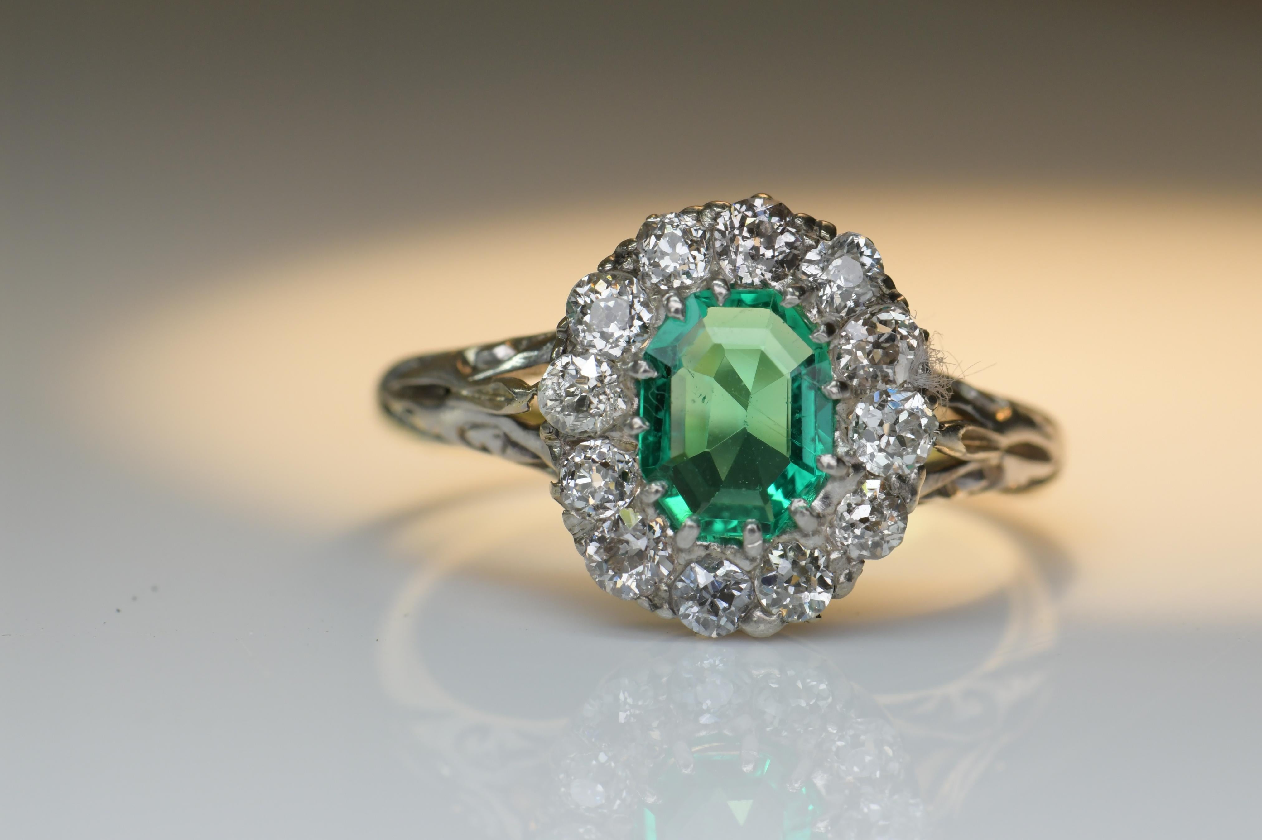Women's Victorian 18 Karat Gold Columbian Emerald Diamond Cluster Antique Ring