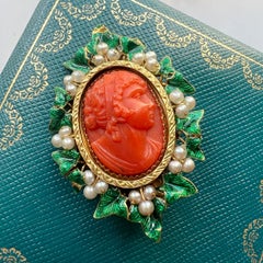 Victorian 18K gold coral cameo brooch with ivy leaves and natural seed pearls