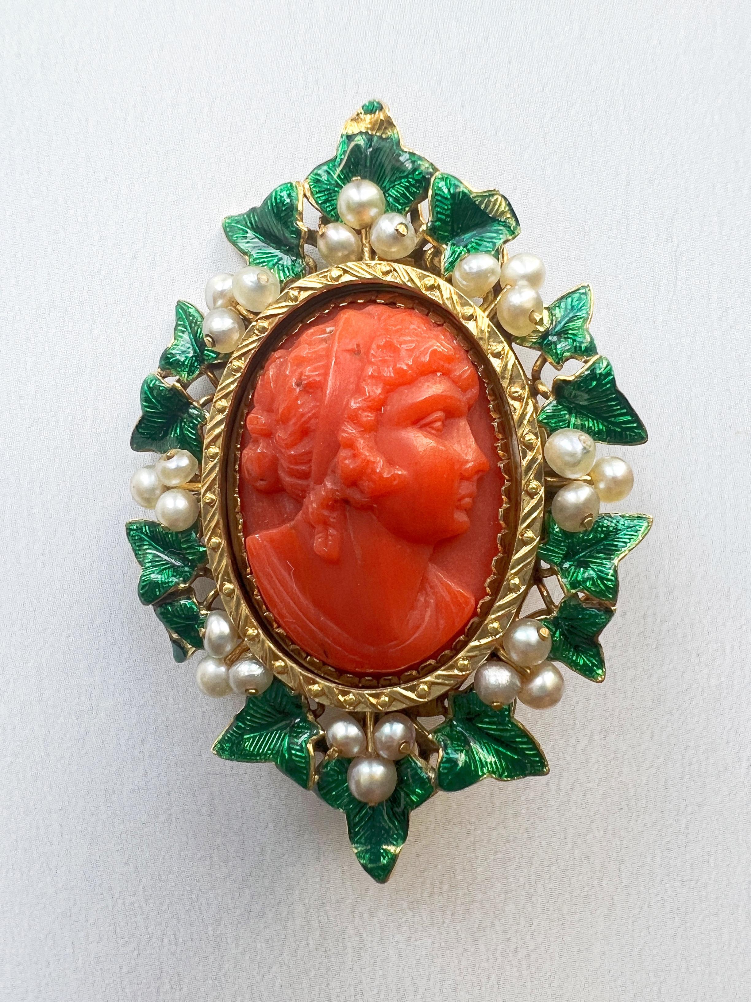 Victorian 18K gold coral cameo brooch with ivy leaves and natural seed pearls 1