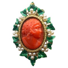Victorian 18K gold coral cameo brooch with ivy leaves and natural seed pearls