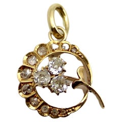 Victorian 18K Gold Crescent Moon and Clover Pendant with Diamonds 