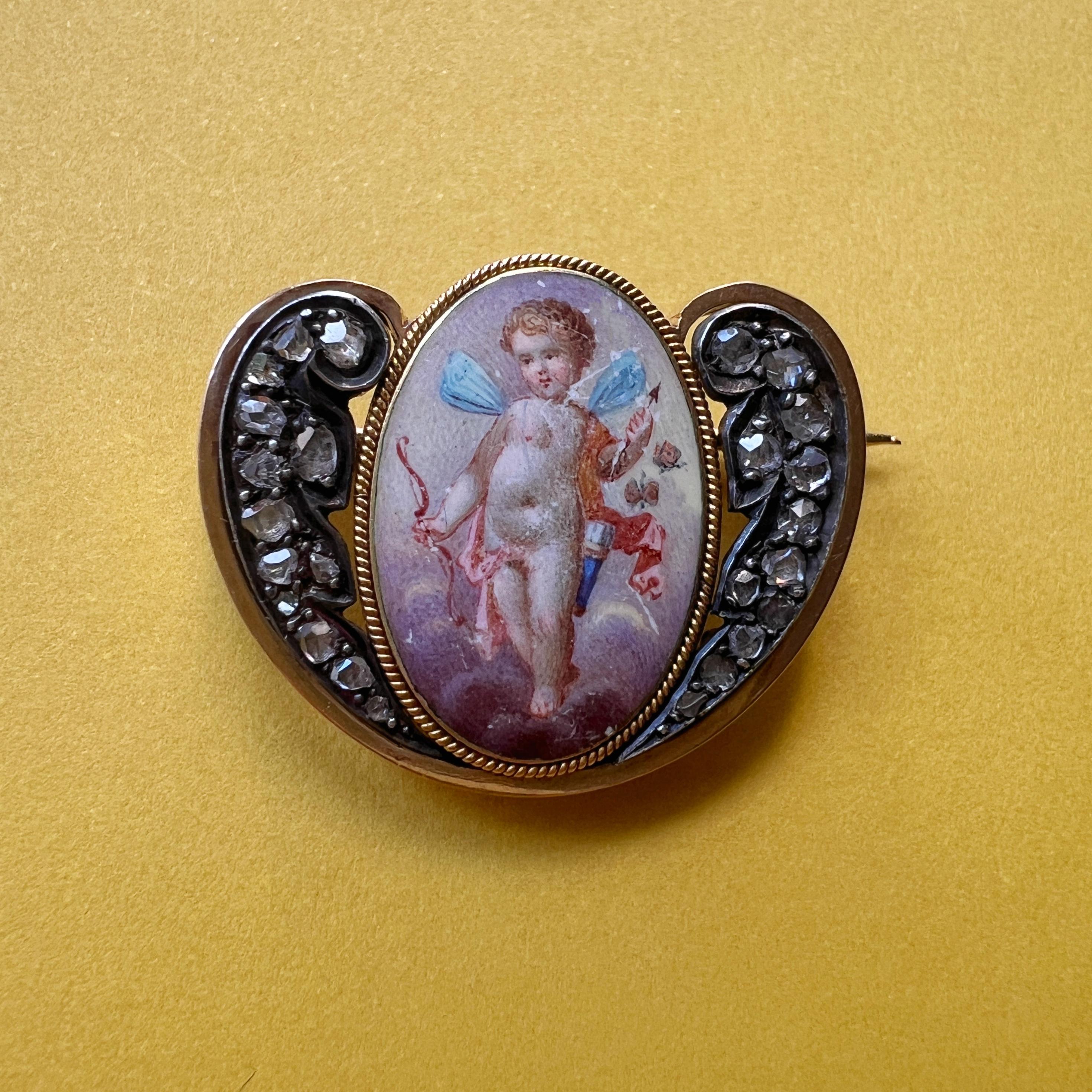 Rose Cut Victorian 18K gold cupid butterfly rose cut diamond brooch