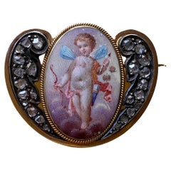 Antique Victorian 18K gold cupid butterfly rose cut diamond brooch