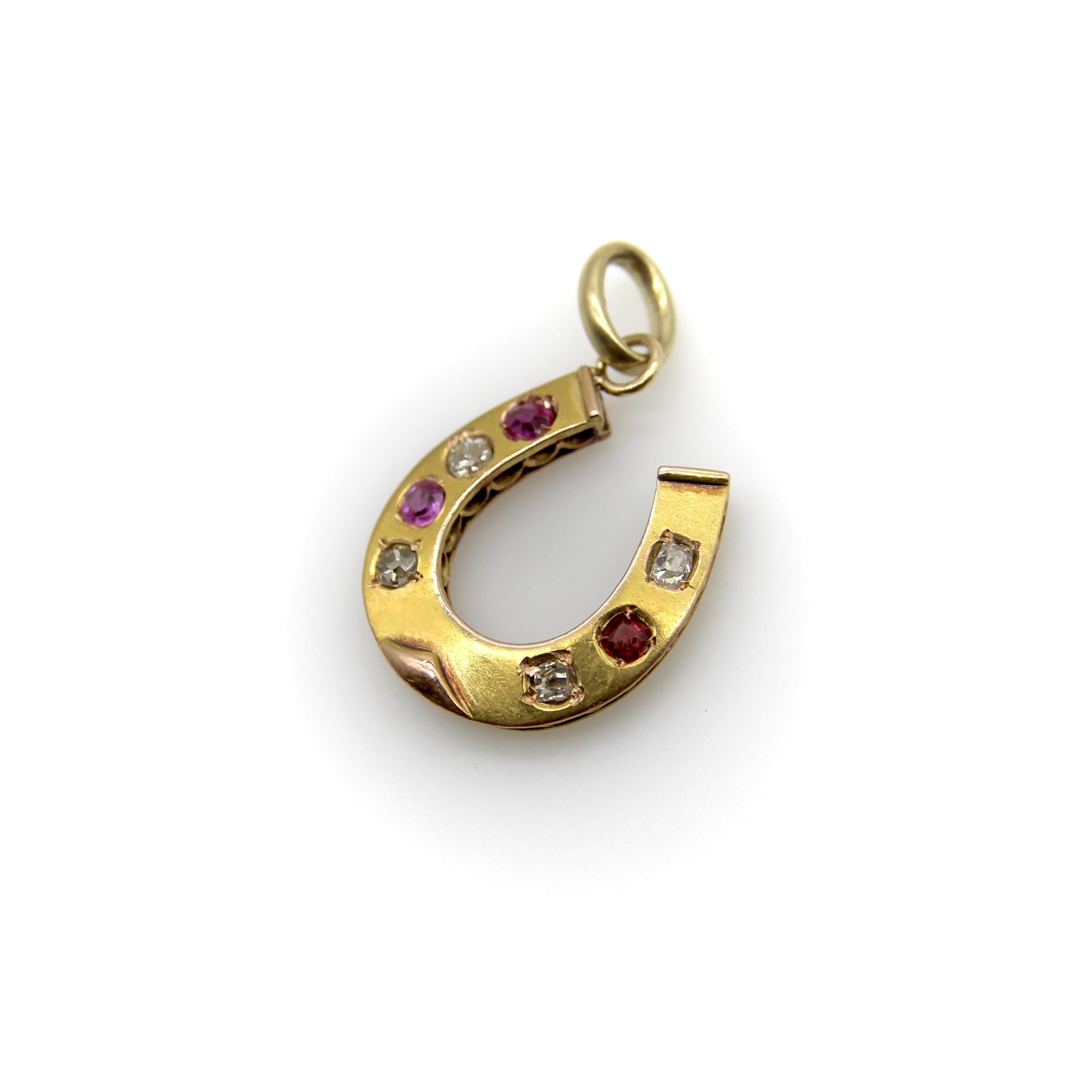 Old Mine Cut Victorian 18K Gold Diamond and Ruby Horseshoe Pendant For Sale