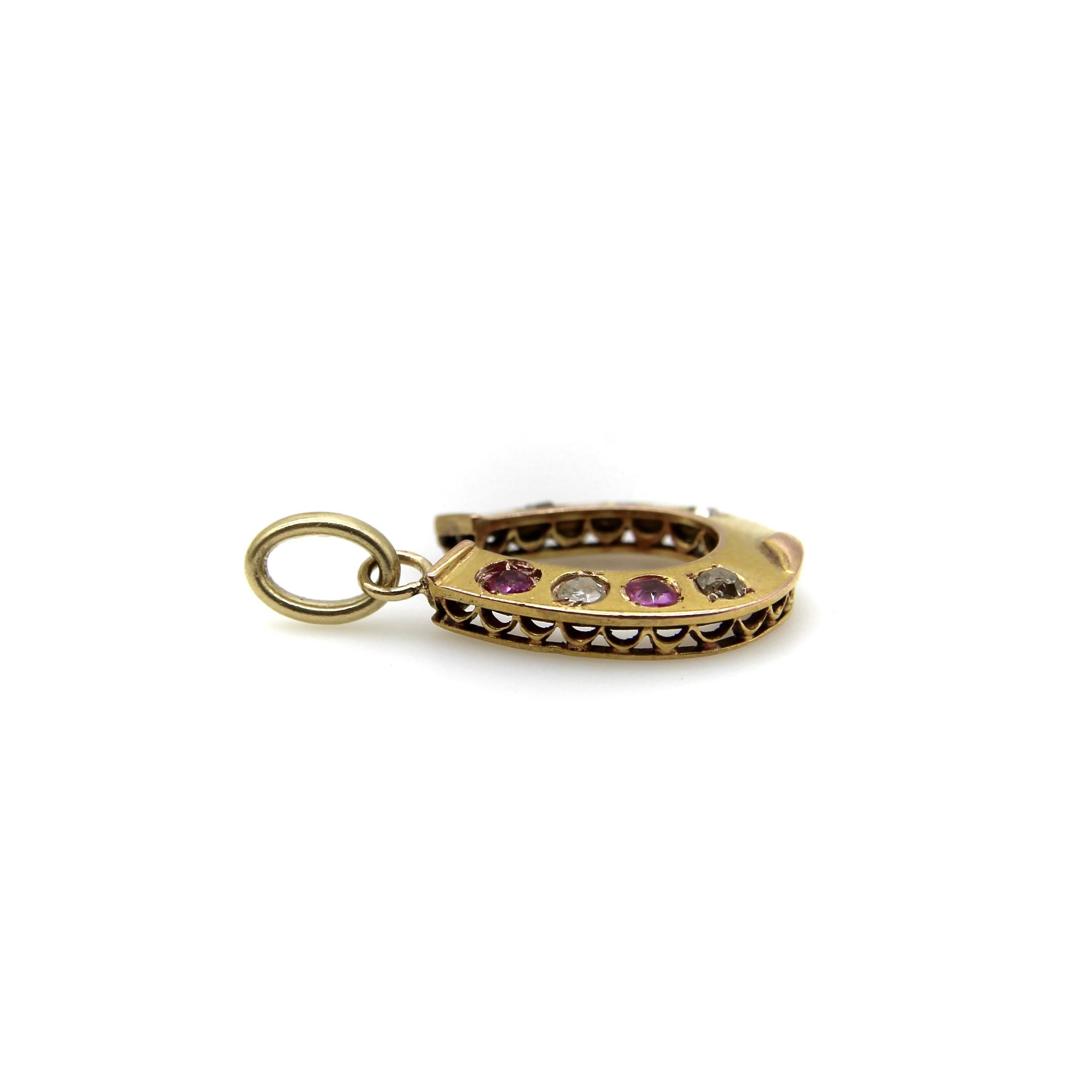 Women's or Men's Victorian 18K Gold Diamond and Ruby Horseshoe Pendant For Sale