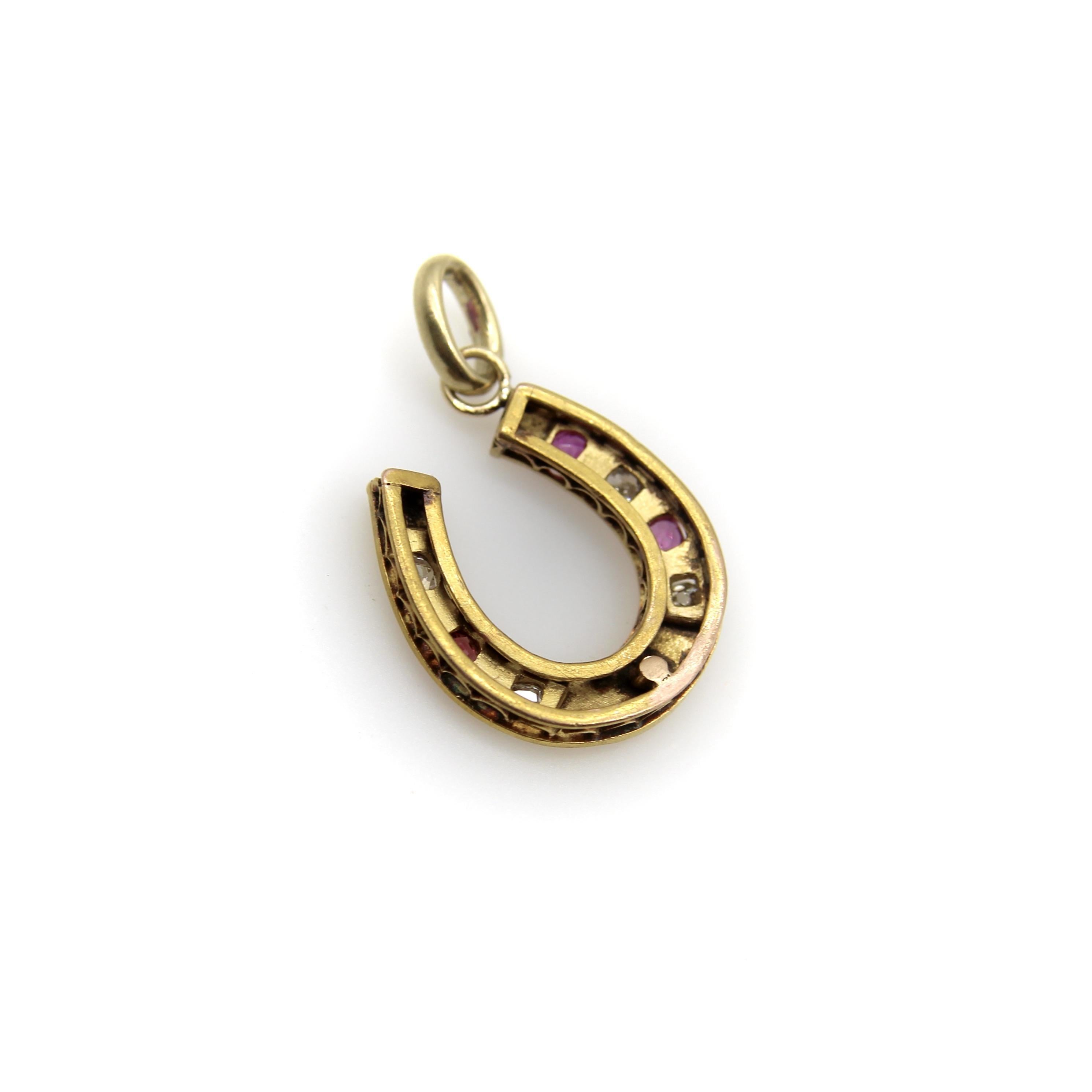 Victorian 18K Gold Diamond and Ruby Horseshoe Pendant For Sale 1