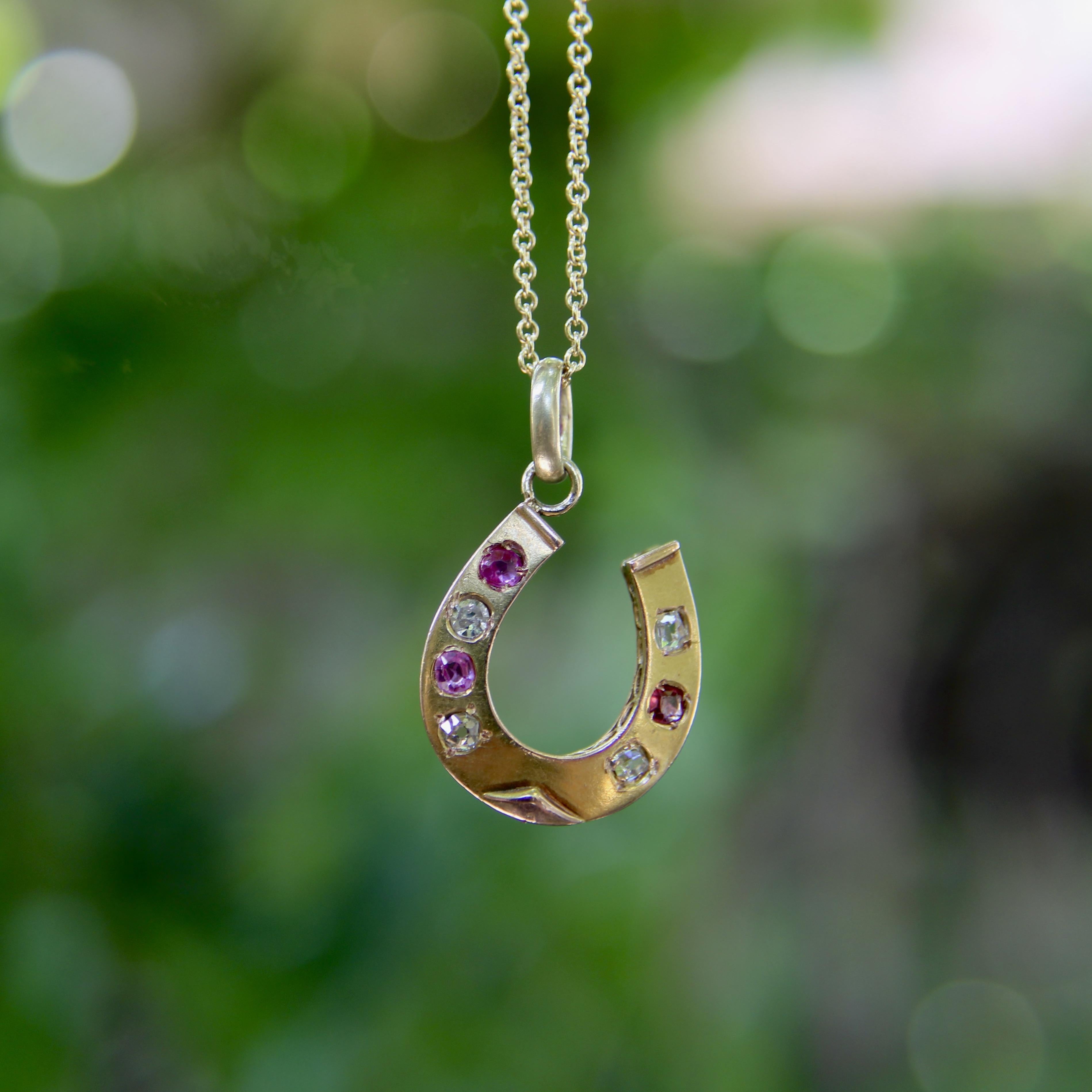 Victorian 18K Gold Diamond and Ruby Horseshoe Pendant For Sale 2