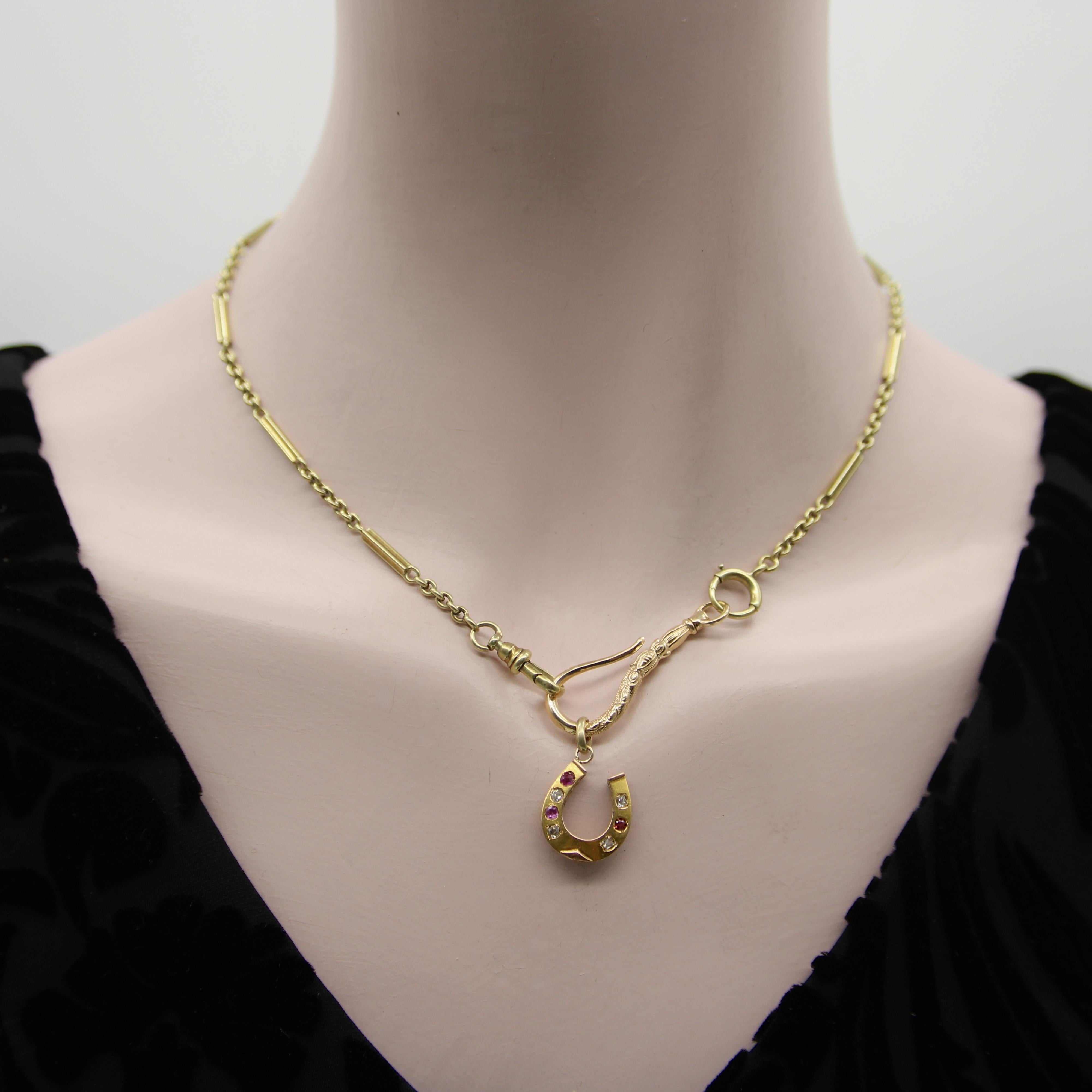 Victorian 18K Gold Diamond and Ruby Horseshoe Pendant For Sale 3