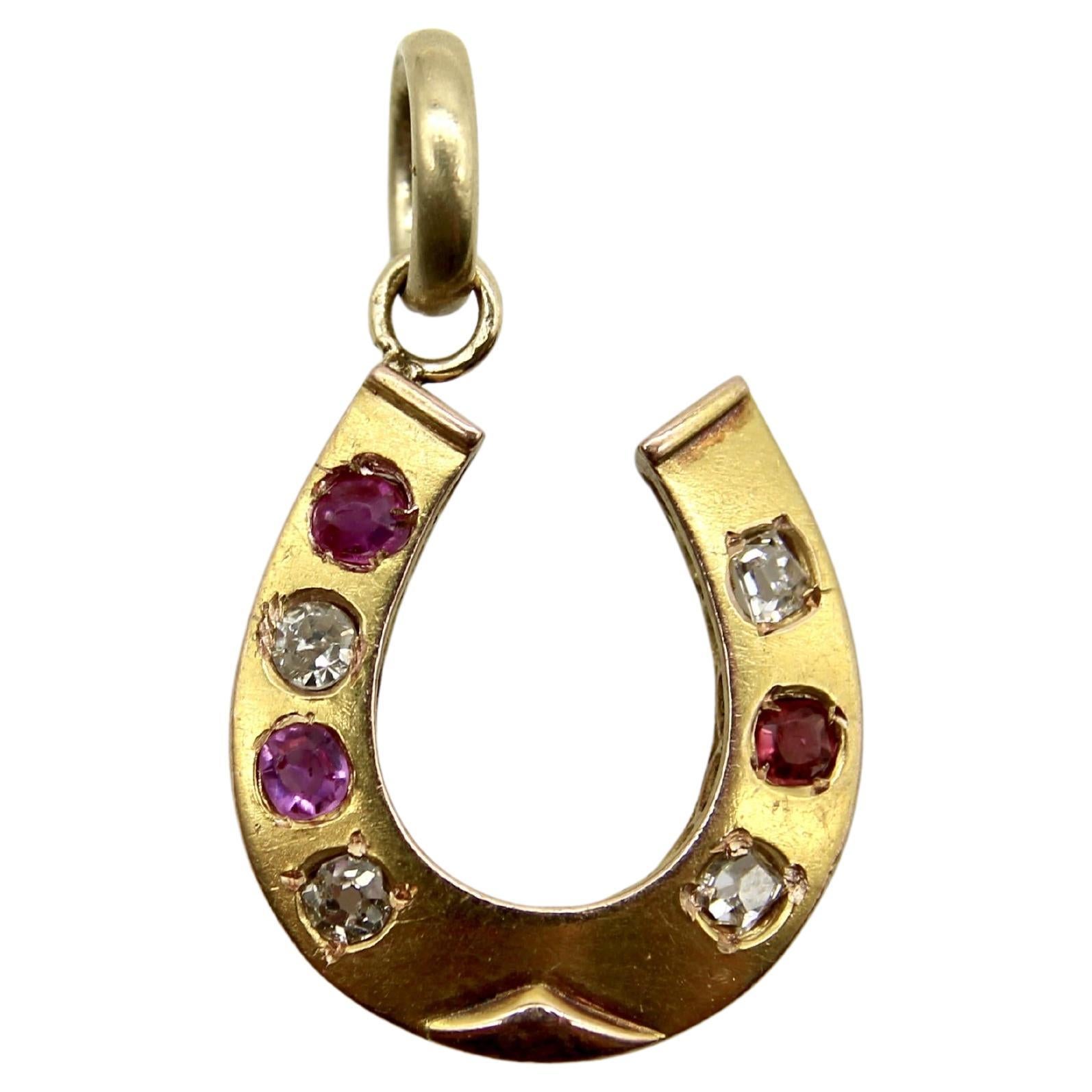 Victorian 18K Gold Diamond and Ruby Horseshoe Pendant For Sale