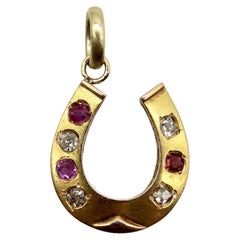 Victorian 18K Gold Diamond and Ruby Horseshoe Pendant