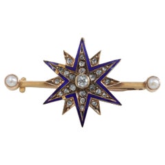 Victorian Star Brooch with Old Mine Cut Diamonds & Seed Pearls in 18 Karat Gold
