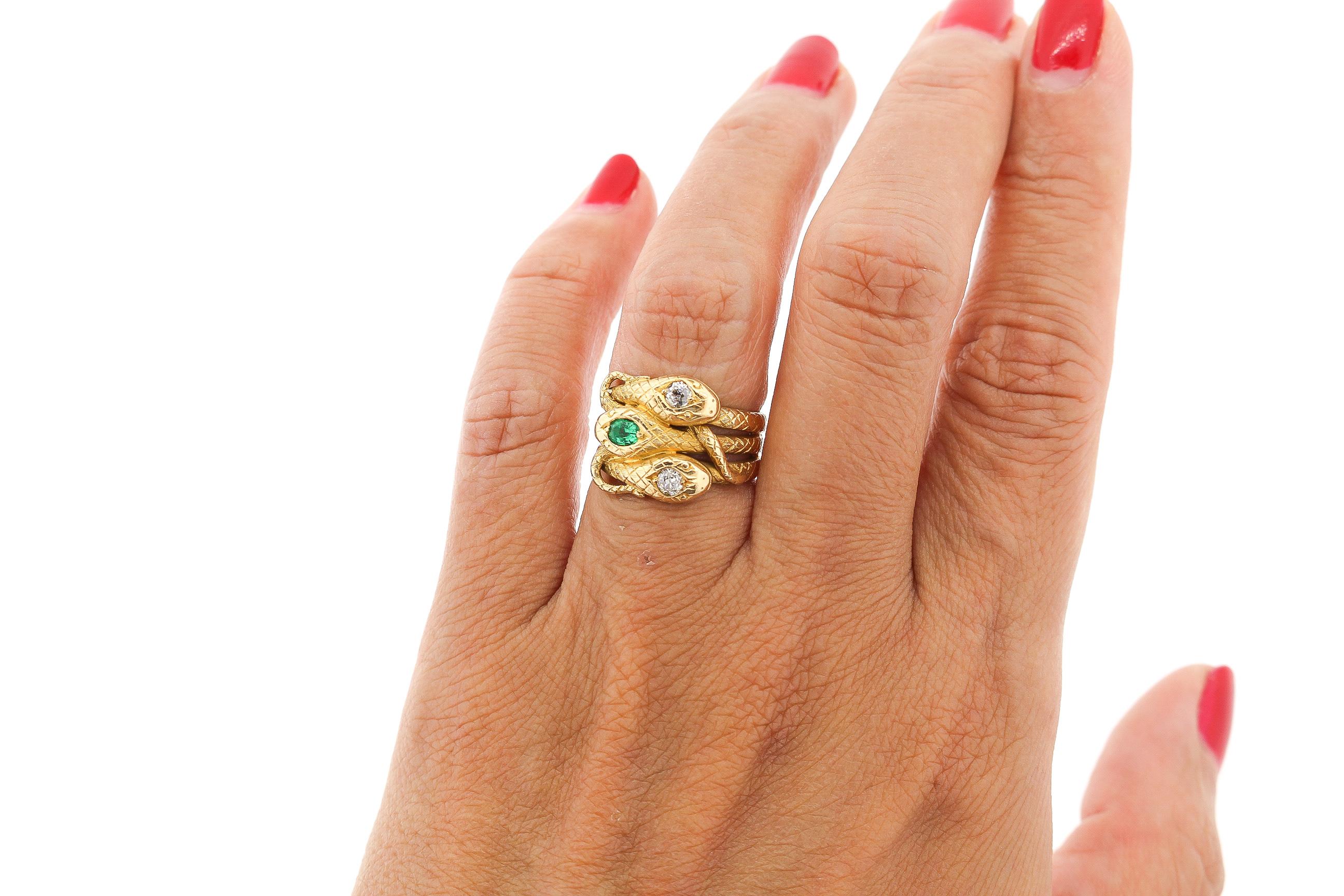 Women's or Men's Victorian 18 Karat Gold Diamond Emerald Engraved Triple Snake Ring