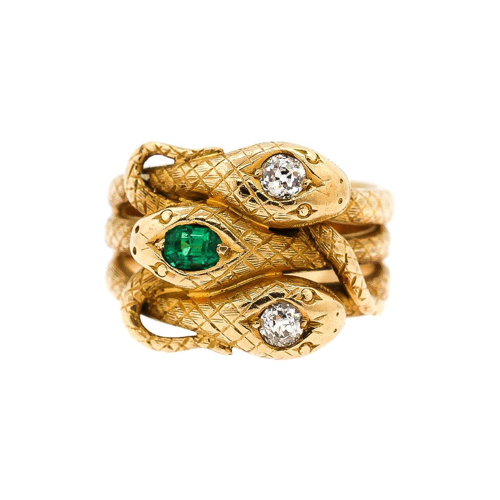 Victorian 18 Karat Gold Diamond Emerald Engraved Triple Snake Ring