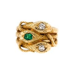 Antique Victorian 18 Karat Gold Diamond Emerald Engraved Triple Snake Ring