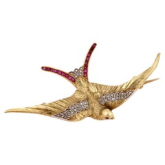 Victorian 18K Gold Diamond Ruby Swallow Bird Pin