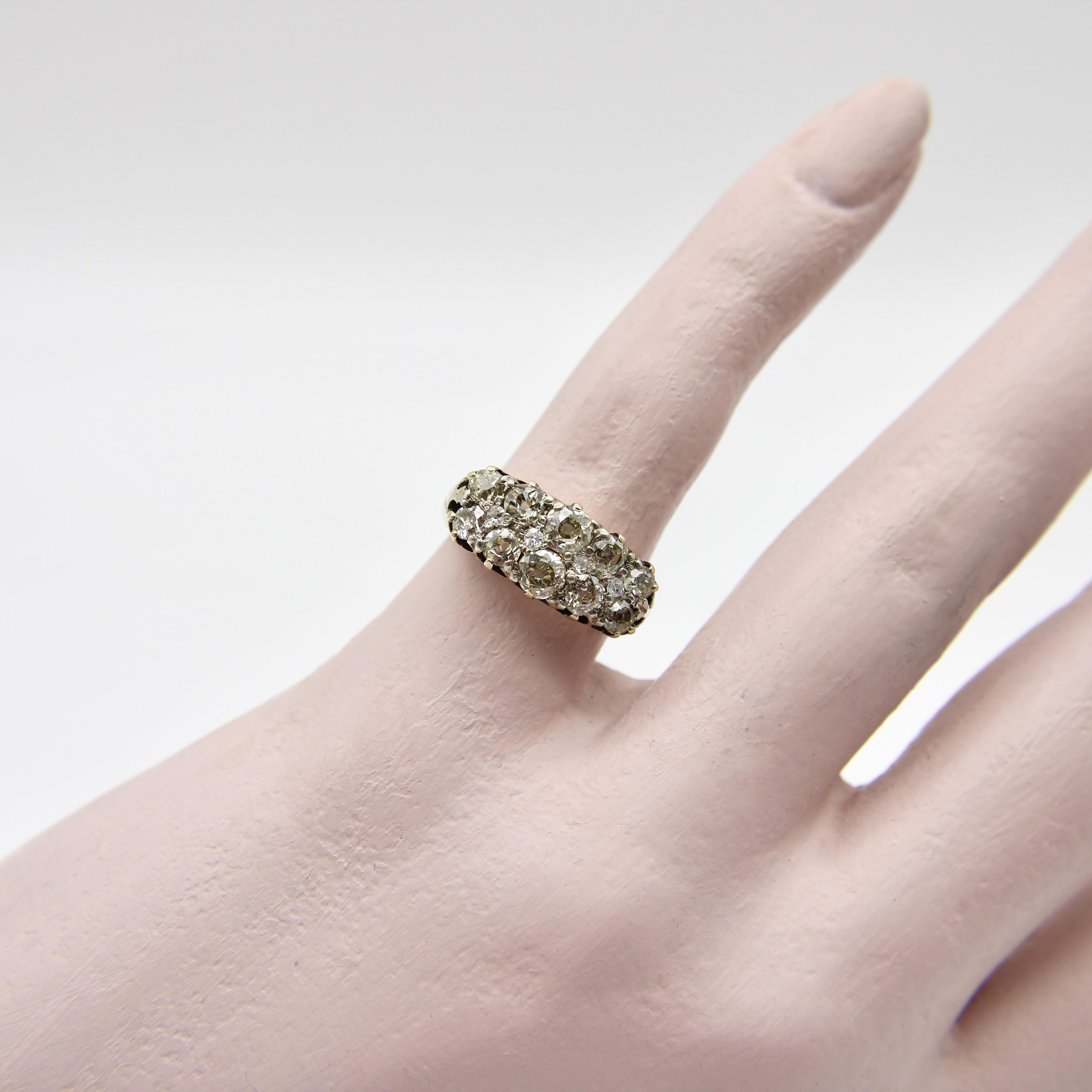 Victorian 18K Gold Elongated Cluster Old Mine Cut Diamond Ring For Sale 3
