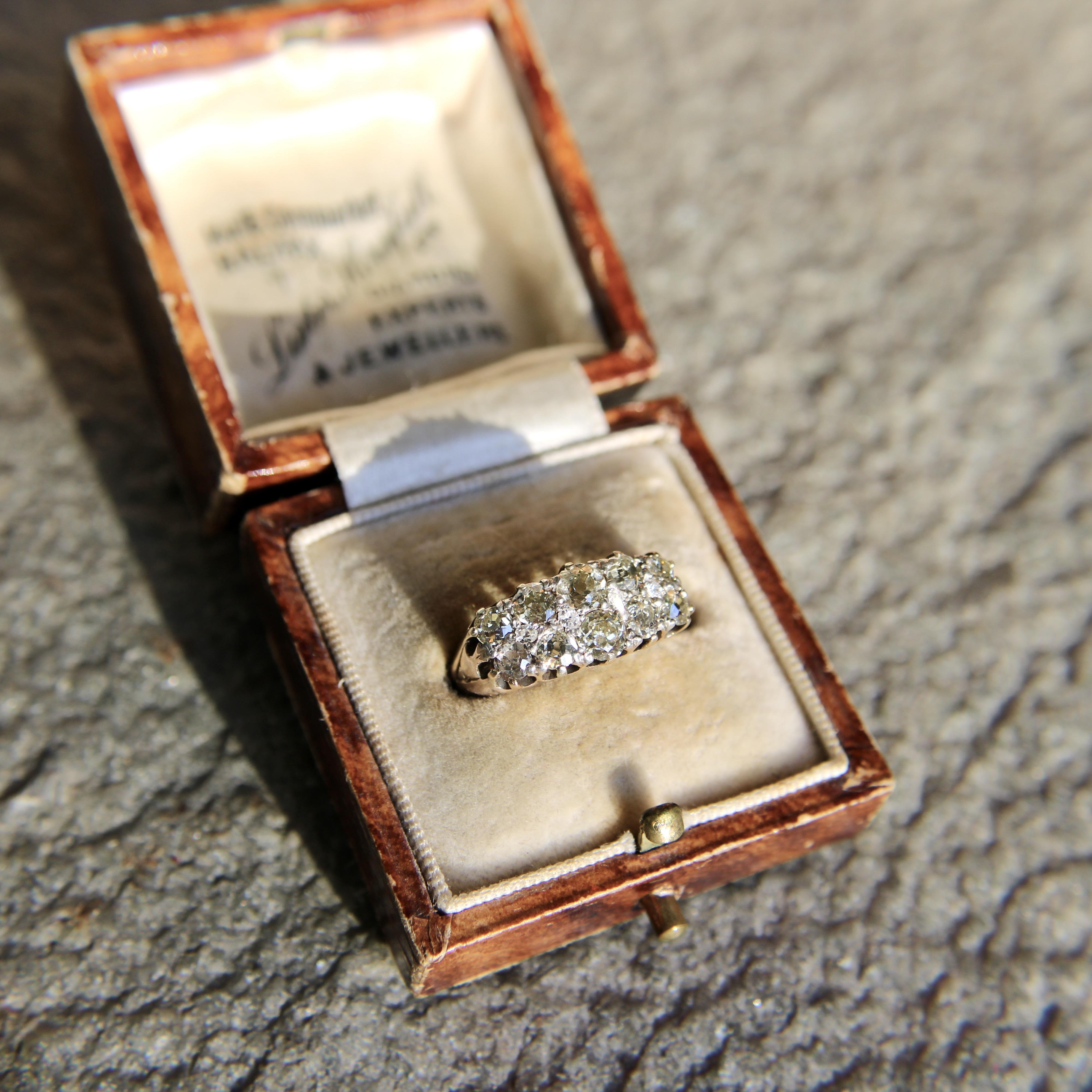 Victorian 18K Gold Elongated Cluster Old Mine Cut Diamond Ring For Sale 5