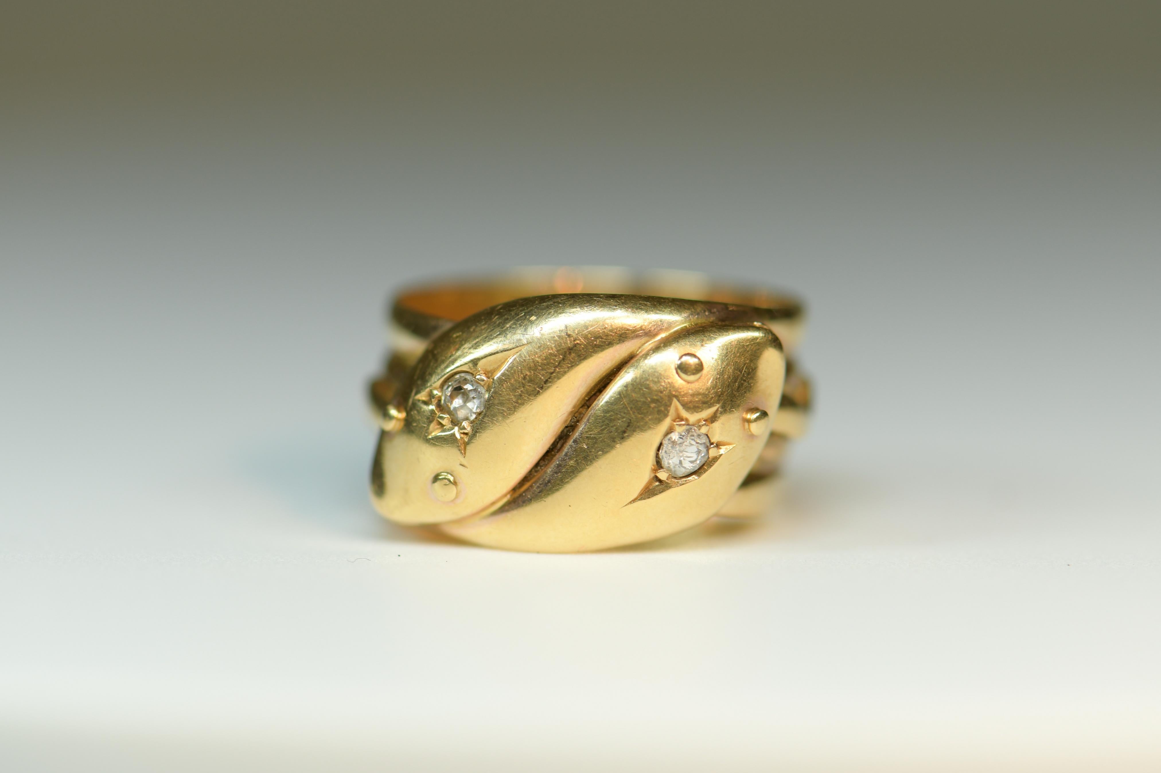 Round Cut Victorian 18 Karat Gold Entwined Double Snake Ring with Diamond Set Eyes