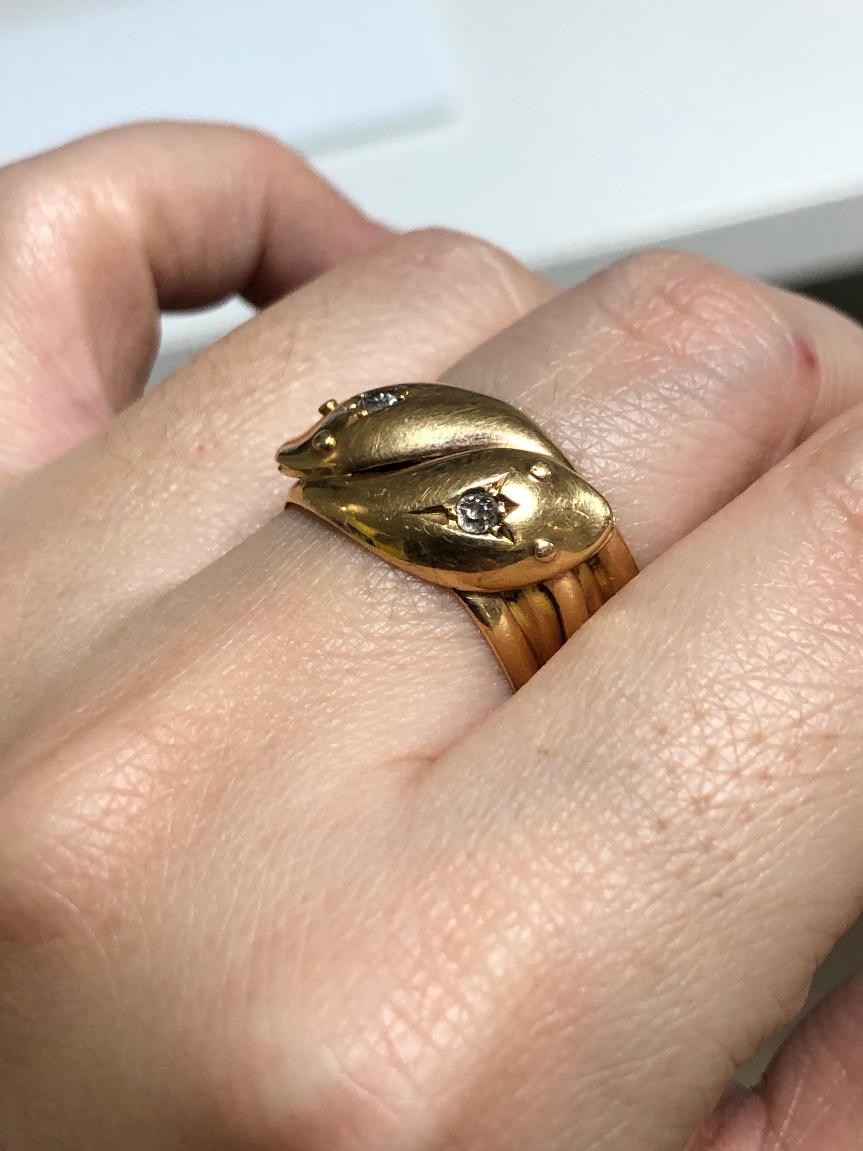 Victorian 18 Karat Gold Entwined Double Snake Ring with Diamond Set Eyes In Excellent Condition In Banbury, GB