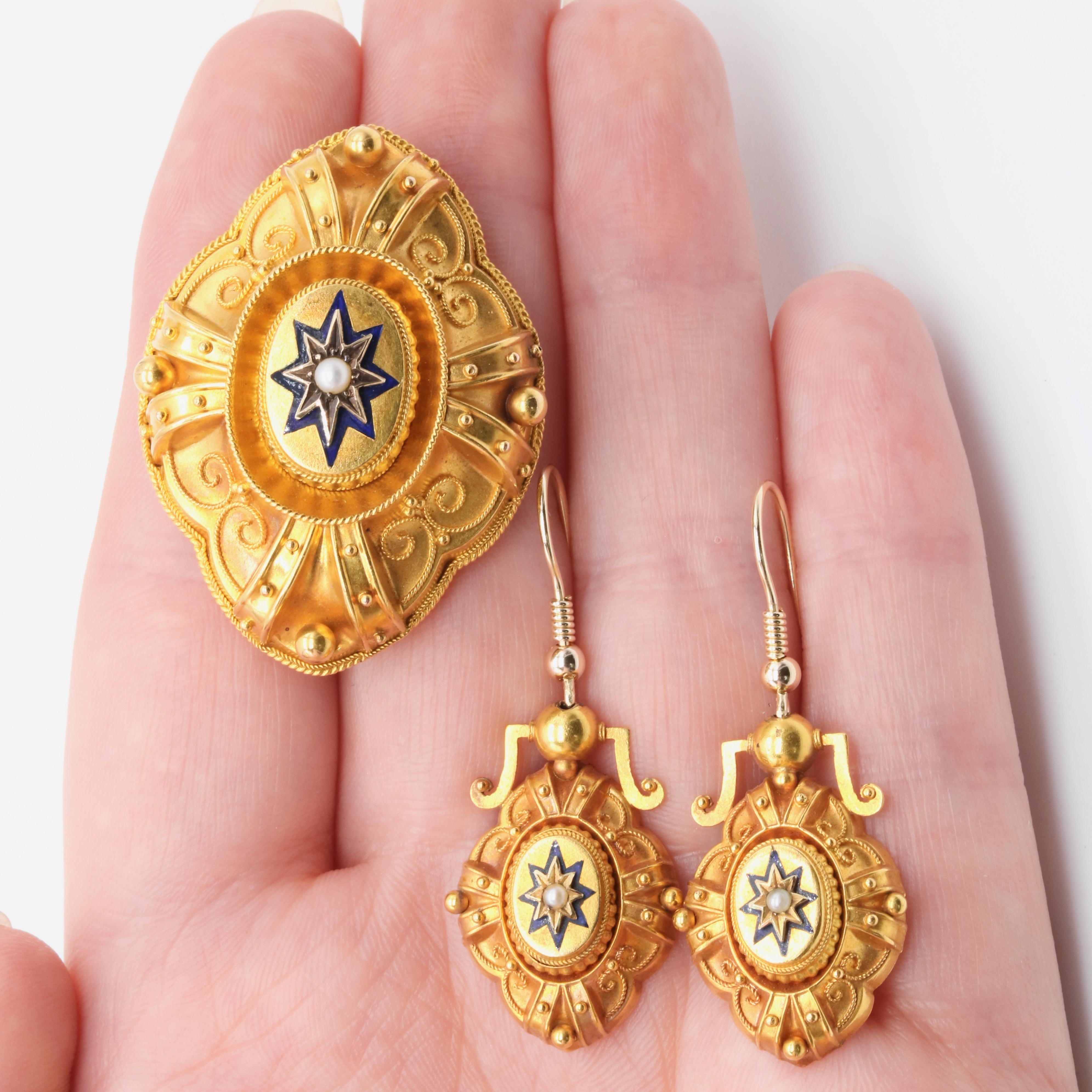Victorian 18K Gold Etruscan Revival Pearl & Blue Enamel Brooch & Earrings Set For Sale 7