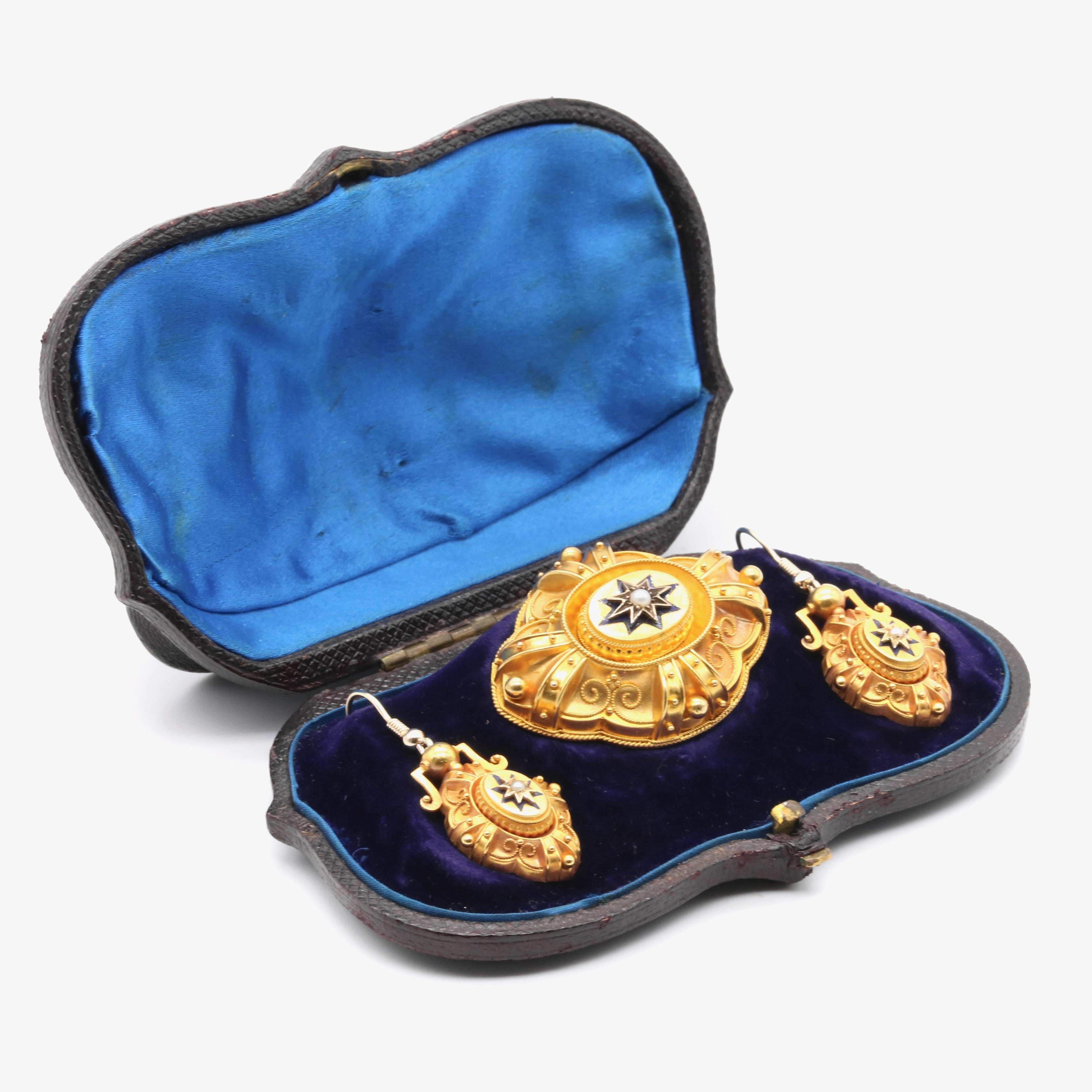 Round Cut Victorian 18K Gold Etruscan Revival Pearl & Blue Enamel Brooch & Earrings Set For Sale