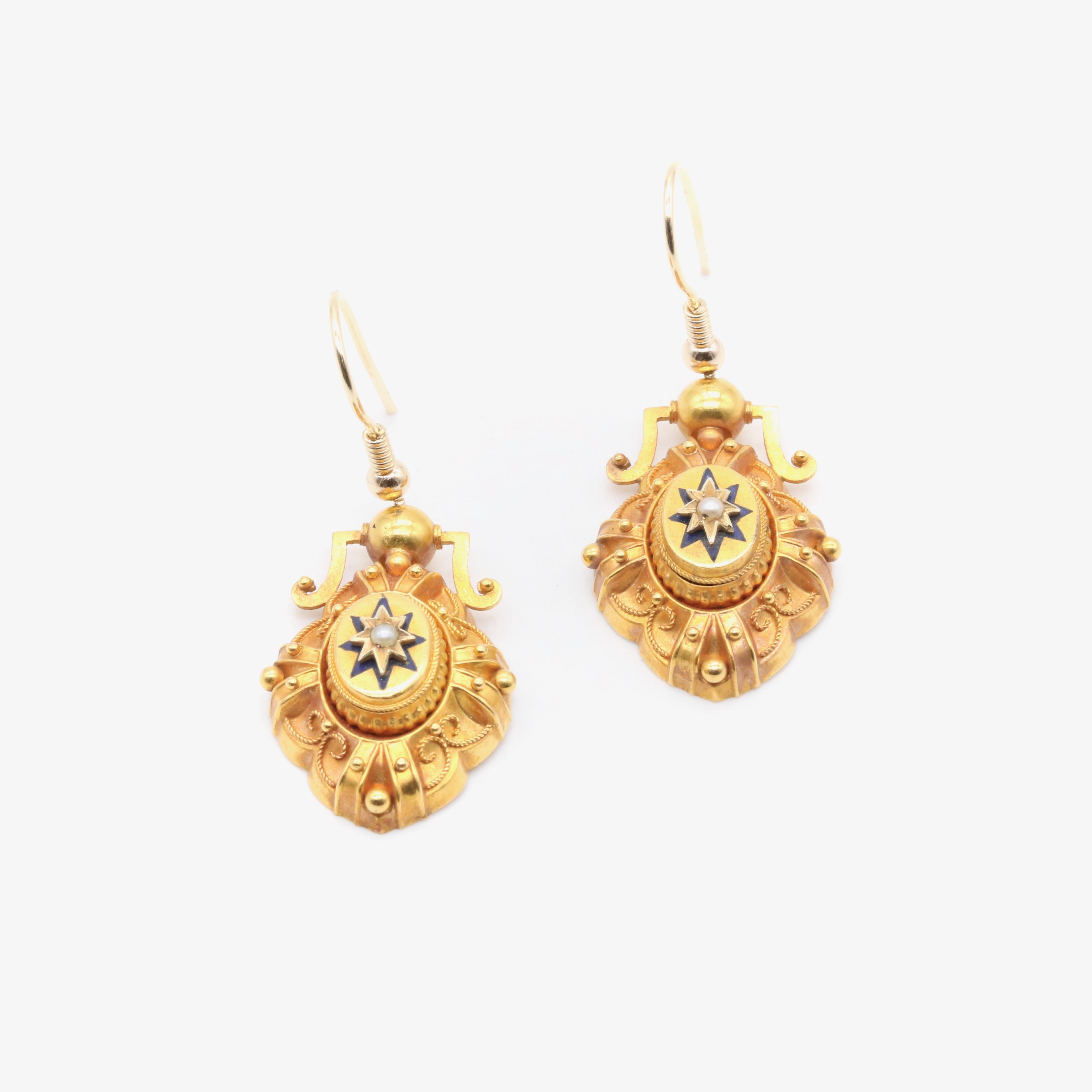 Victorian 18K Gold Etruscan Revival Pearl & Blue Enamel Brooch & Earrings Set For Sale 3