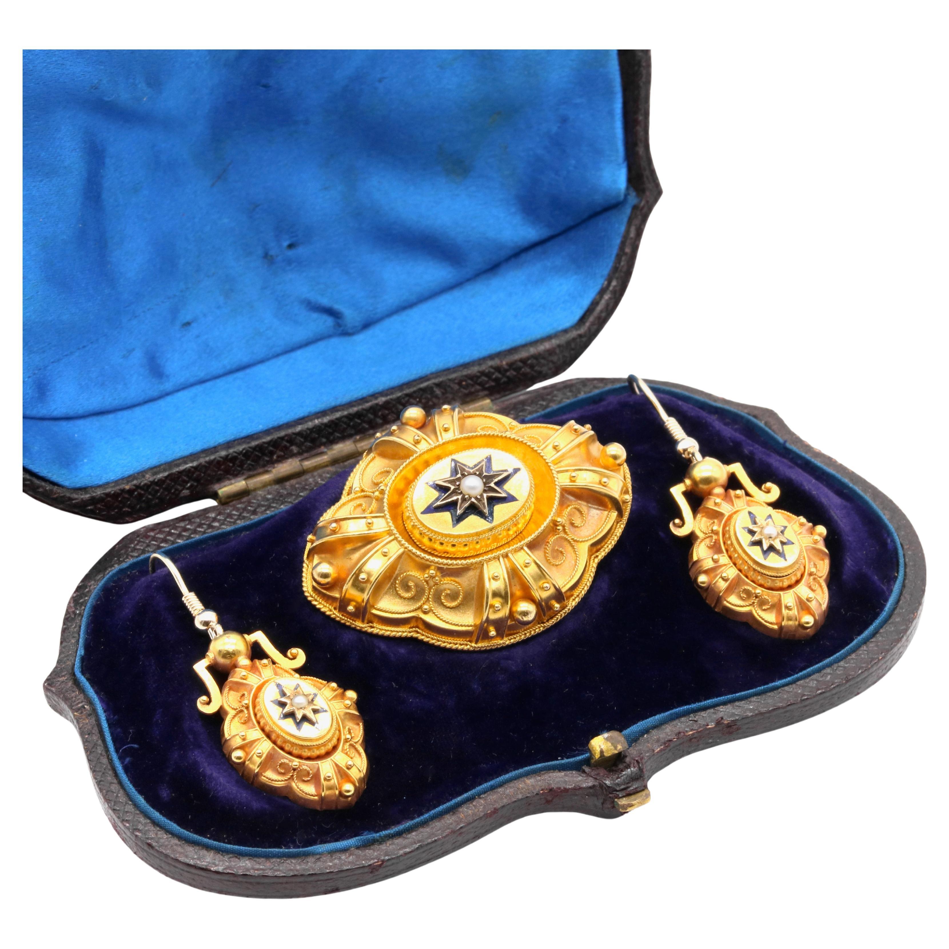 Victorian 18K Gold Etruscan Revival Pearl & Blue Enamel Brooch & Earrings Set For Sale