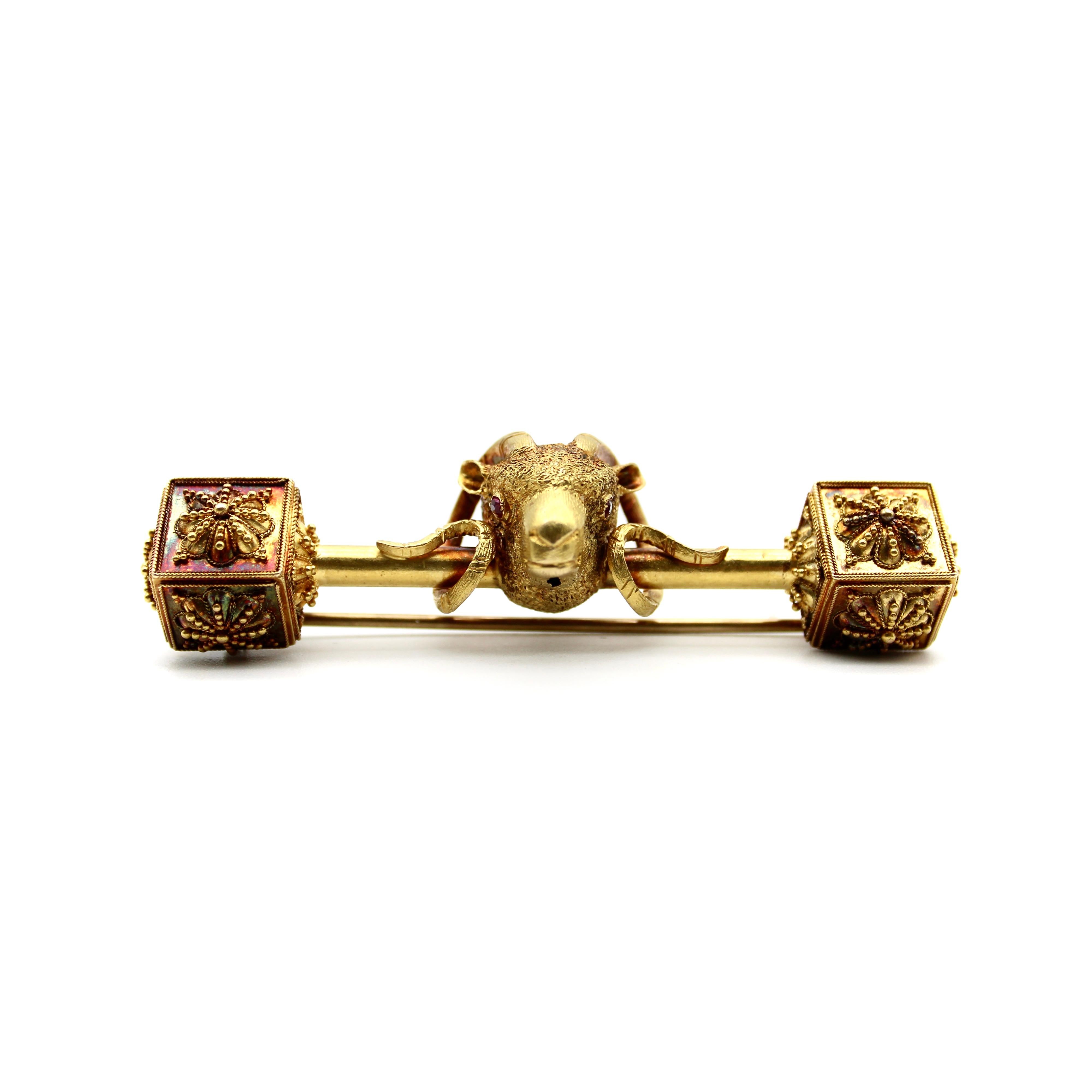 Victorian 18K Gold Etruscan Revival Ram’s Head Brooch In Good Condition In Venice, CA