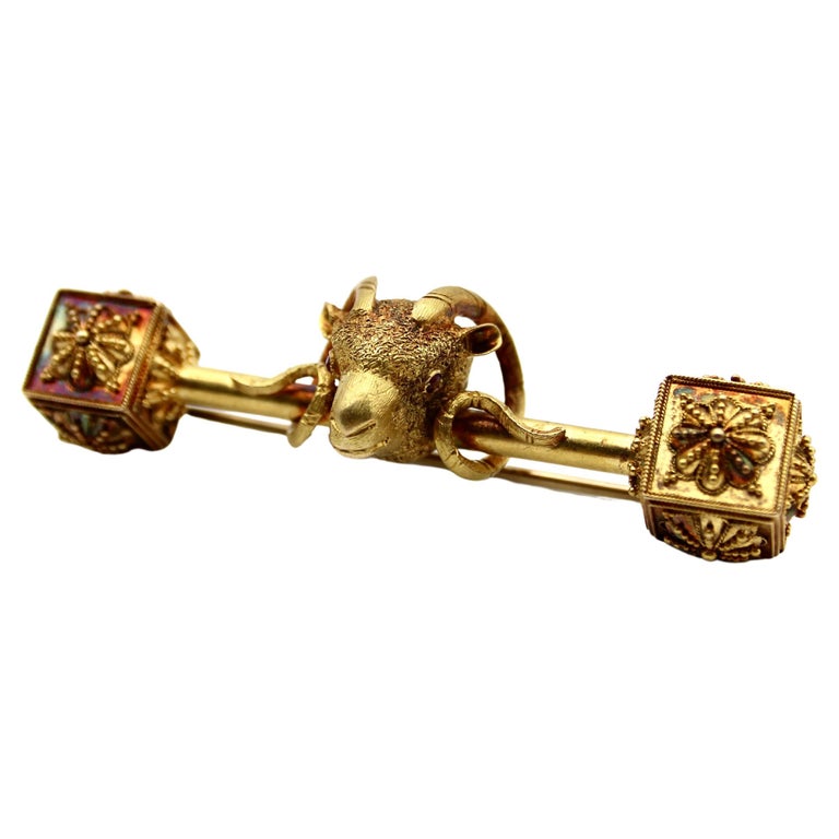 Victorian 18K Gold Etruscan Revival Ram’s Head Brooch For Sale