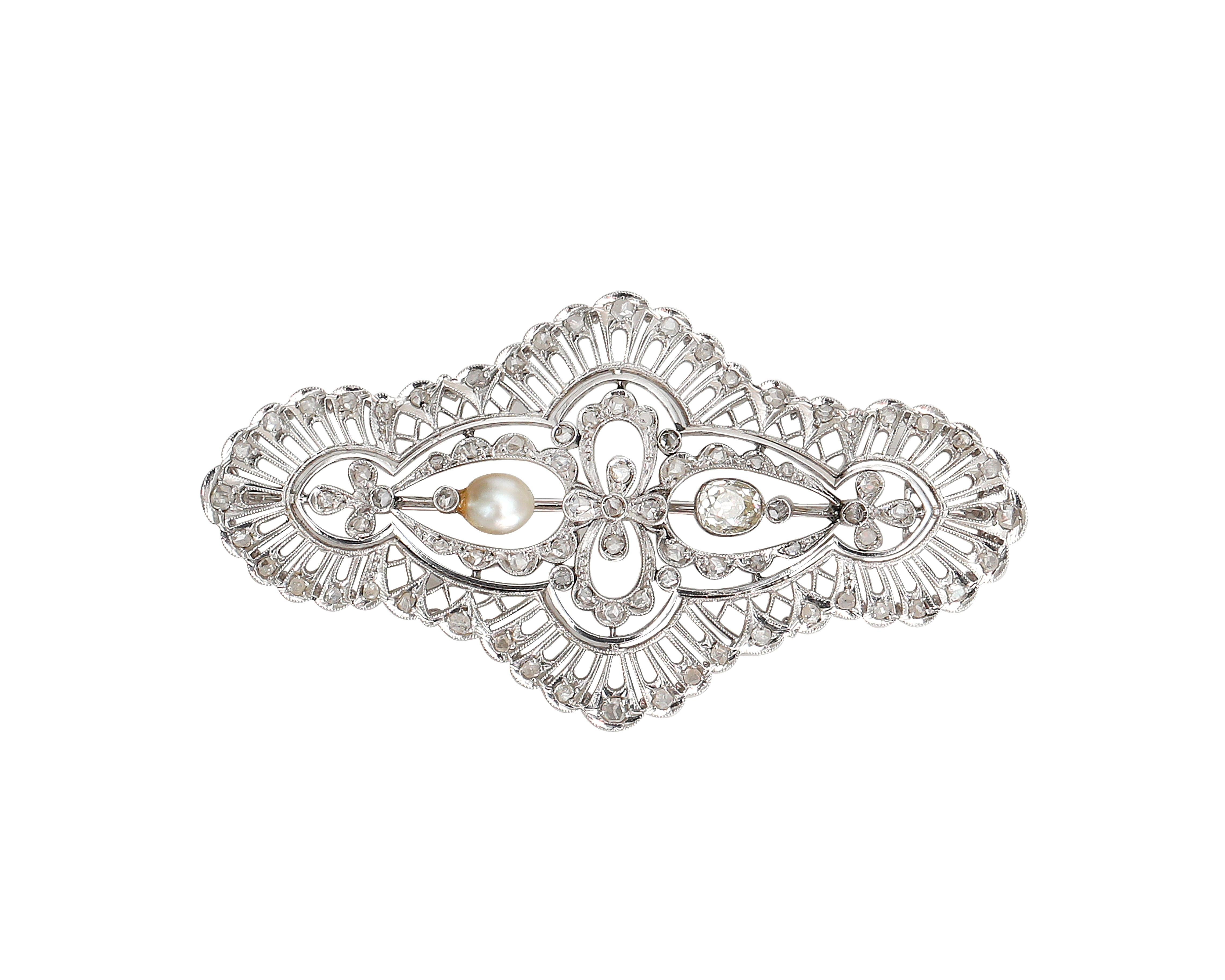 Late Victorian Victorian 18K Gold Filigree Brooch with Old Mine and Rose Cut Diamond and Pearl