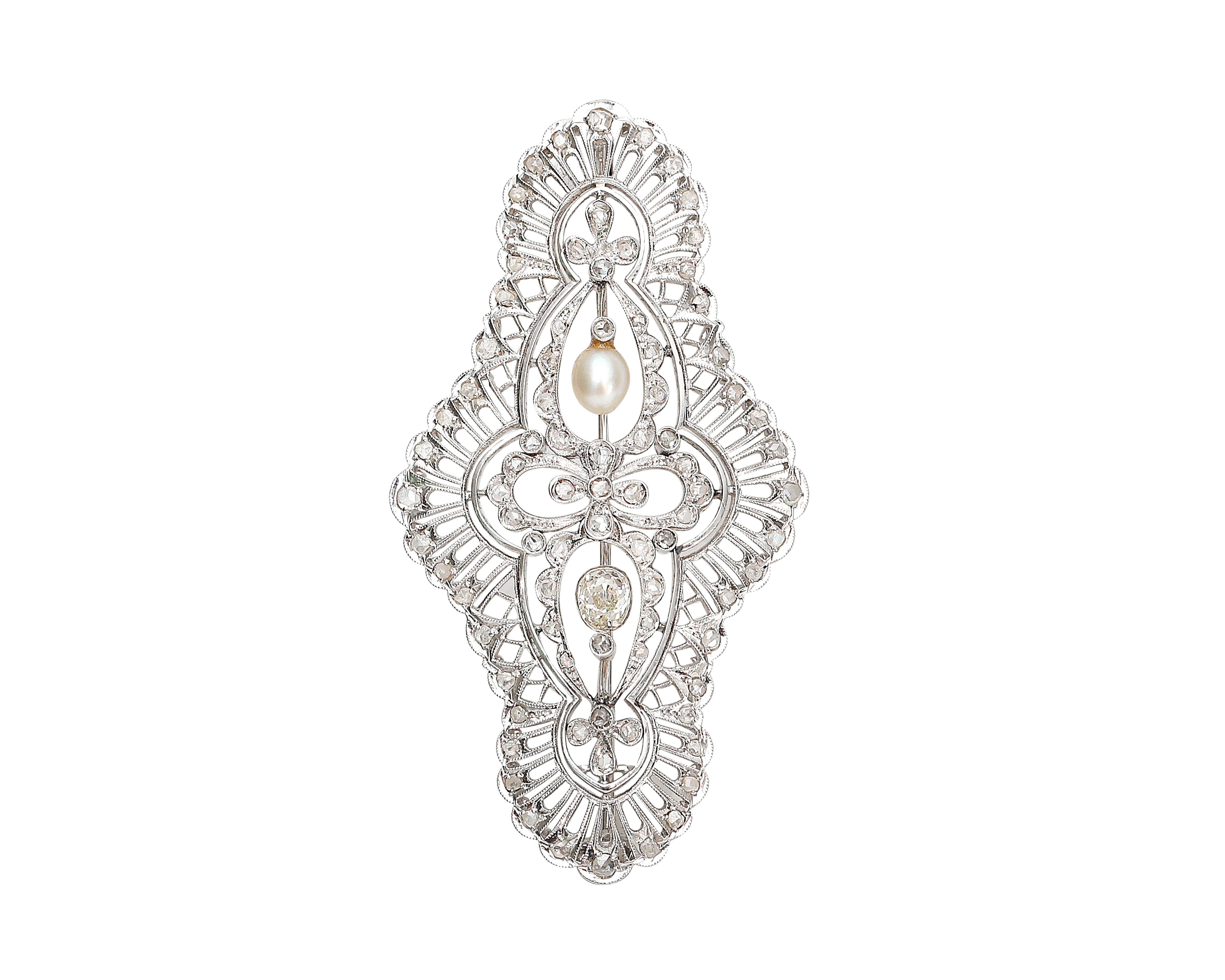 Old Mine Cut Victorian 18K Gold Filigree Brooch with Old Mine and Rose Cut Diamond and Pearl