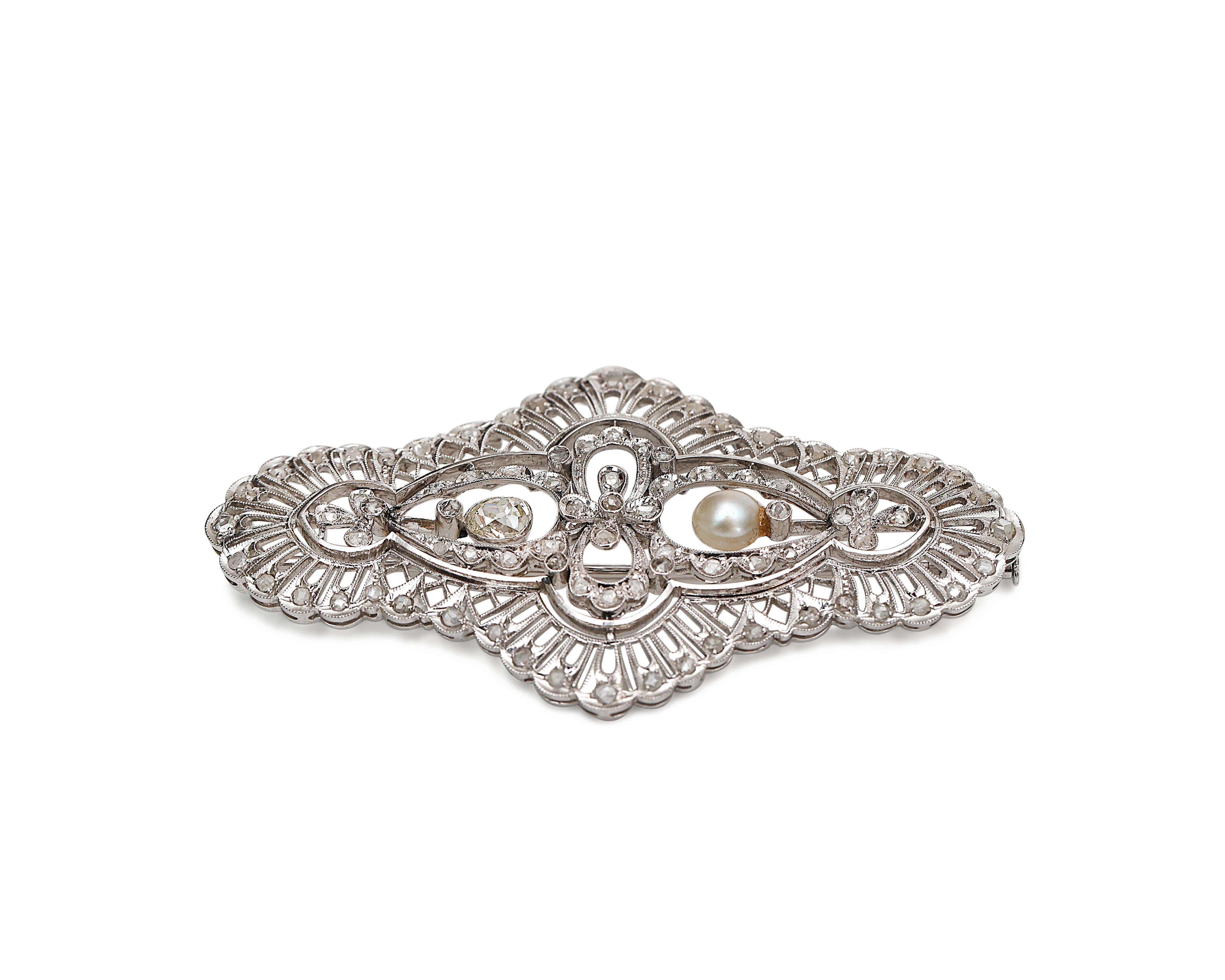 Women's Victorian 18K Gold Filigree Brooch with Old Mine and Rose Cut Diamond and Pearl