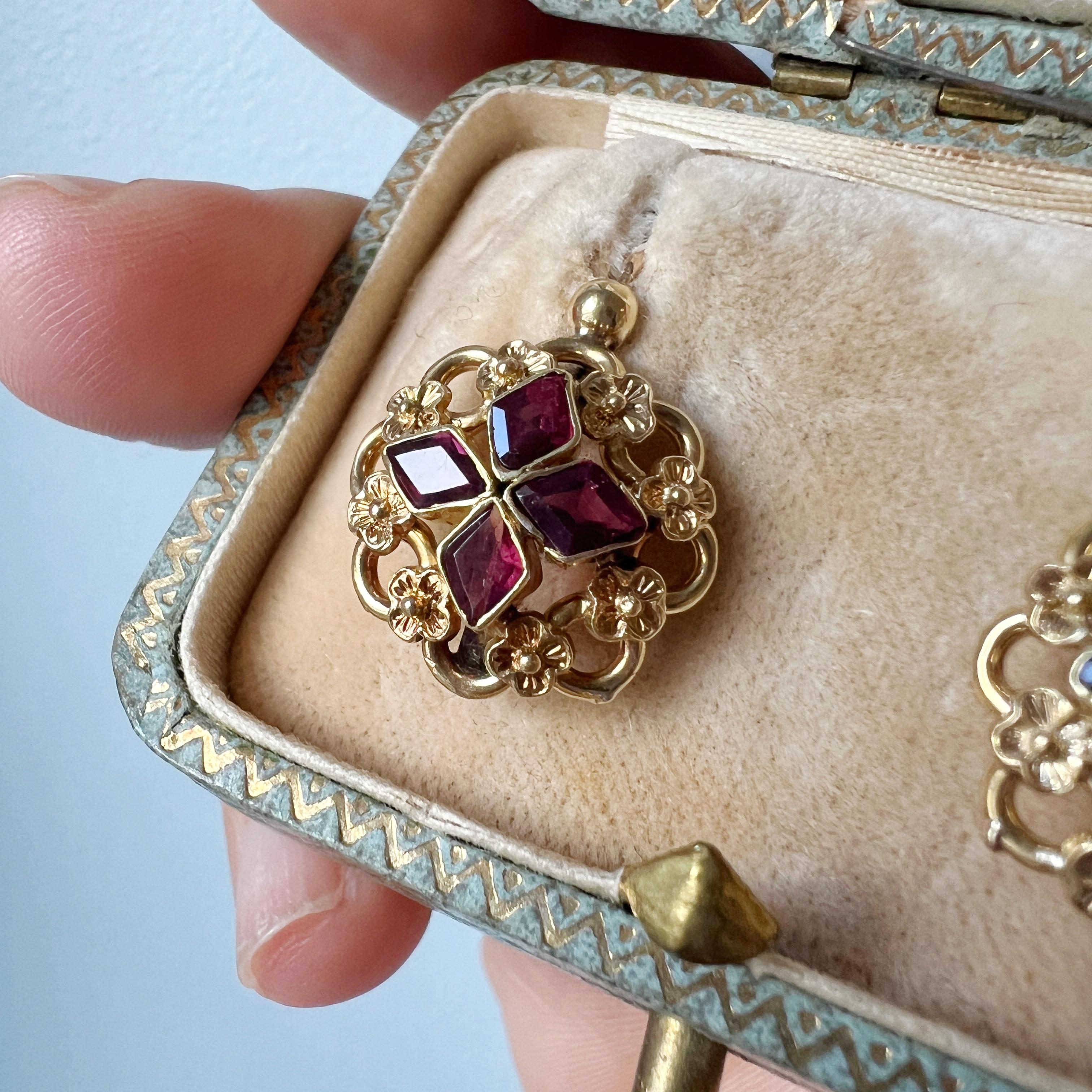 Victorian 18K gold flat cut garnet flower earrings 2